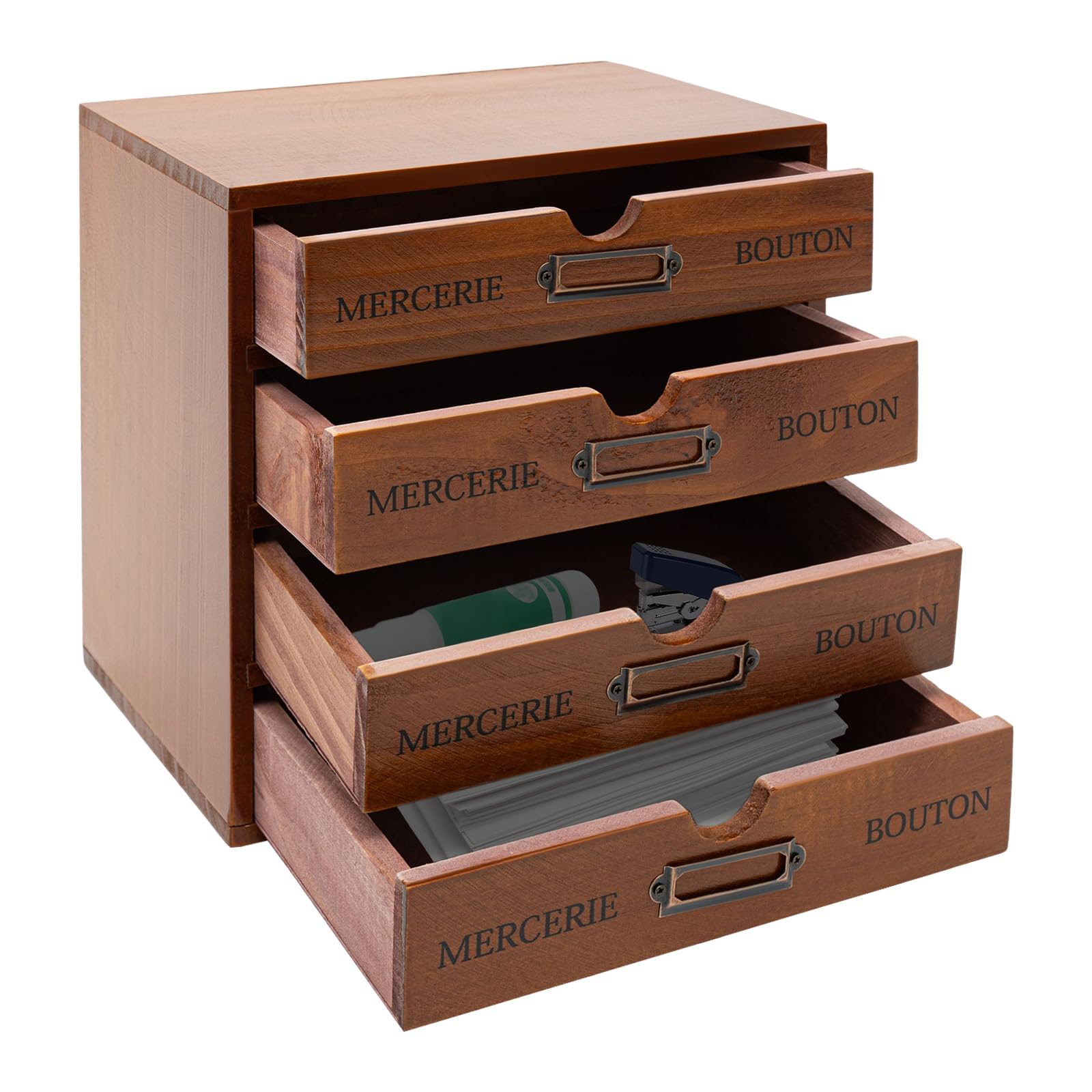 Organizer da scrivania in legno, organizer da scrivania con 4 ripiani, cassetti/etichette, vintage, portagioie in legno con cassetto, organizer in legno per riporre