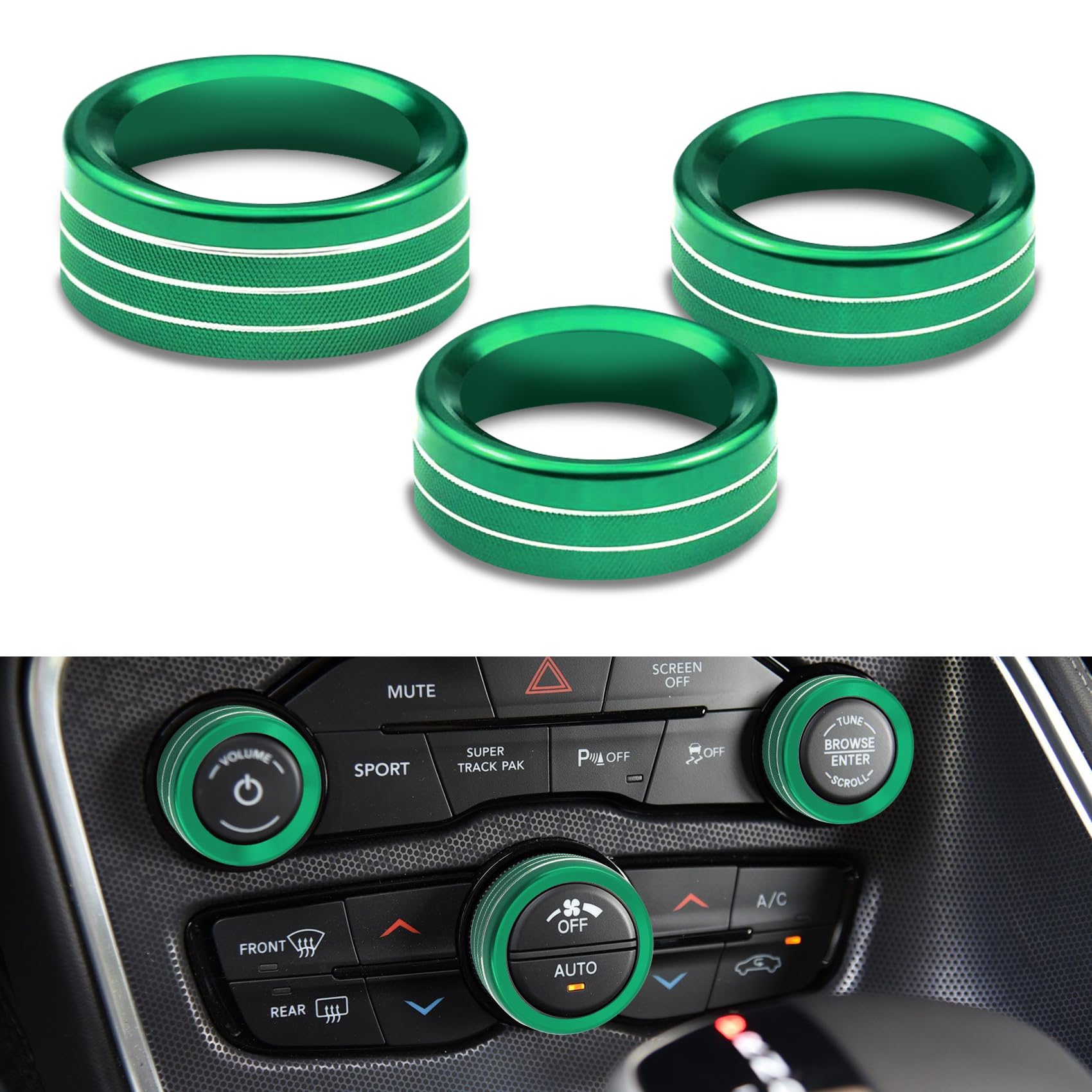 3PCS AC Air Conditioner Switch Button Knob Cover, Climate Control Knob Cover, AC Switch Volume Tune Controller Aluminum Alloy Trim, Car Accessories for Challenger Durango 2015-2022 (Green)