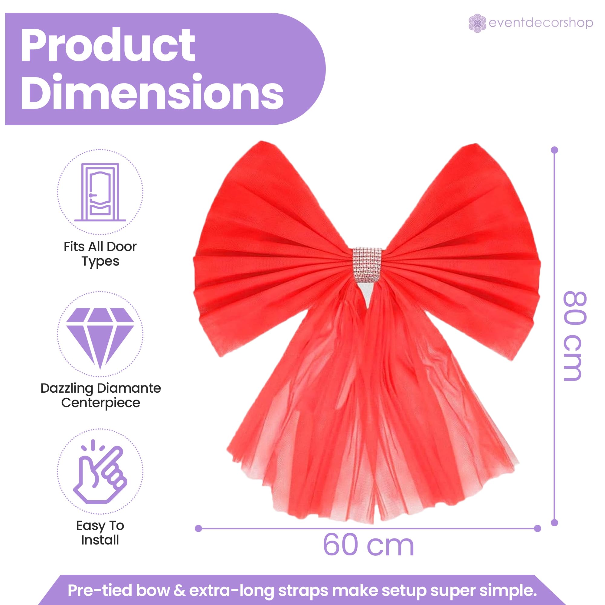 Event Decor Shop Duża czerwona kokarda do drzwi bożonarodzeniowych z diamentem – 7,5 m siatka organzy do drzwi wejściowych na Boże Narodzenie, ślub, baby shower i uroczystości, świąteczna dekoracja