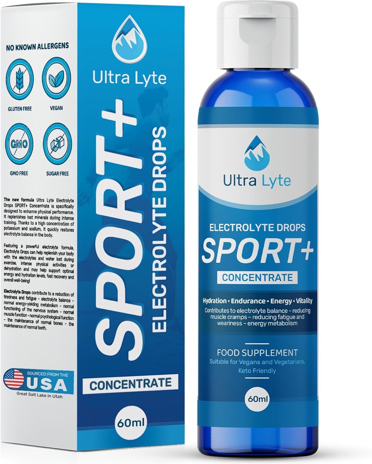 Electrolyte Drops Sport Plus - Keto Electrolyte Support for Fast Hydration, Sugar Free, Gluten Free, Muscle Spasm Relief, 60ml Bottle, for Athletes and Active People