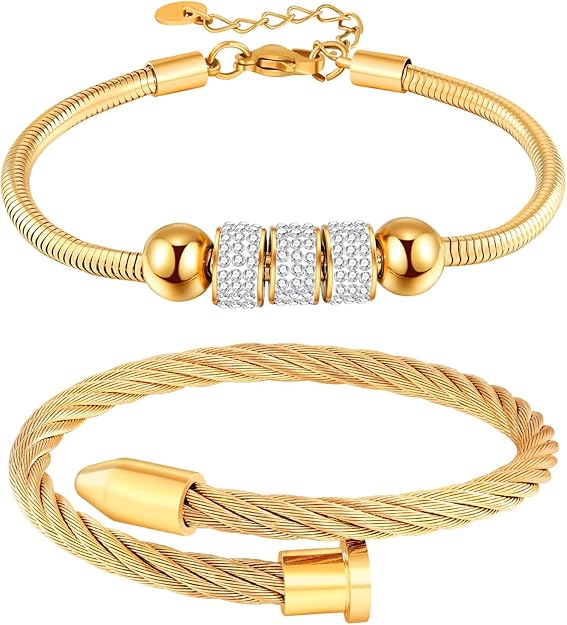 LCTrusttmor Gahna 18K Gold Plated Nail Bracelet Set, Adjustable Stackable Bangles for Women, Trendy Jewelry Hand Chain Gifts for Lover Mom Her