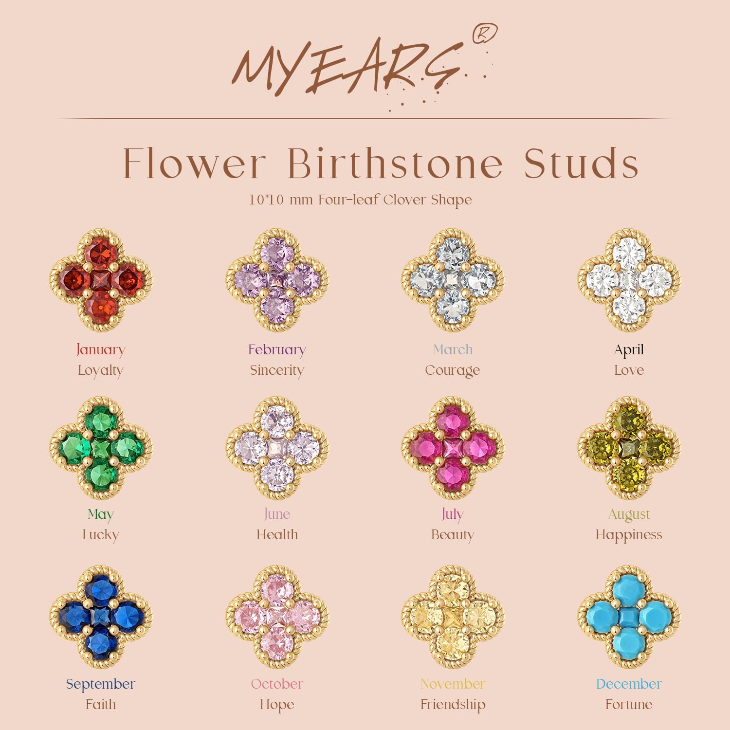 MYEARS Stud Earrings for Women Gold Flower Four-leaf-clover 12 Month Birthstone 14K Small Simple Hypoallergenic Birthday Gift Jewelry - Image 4