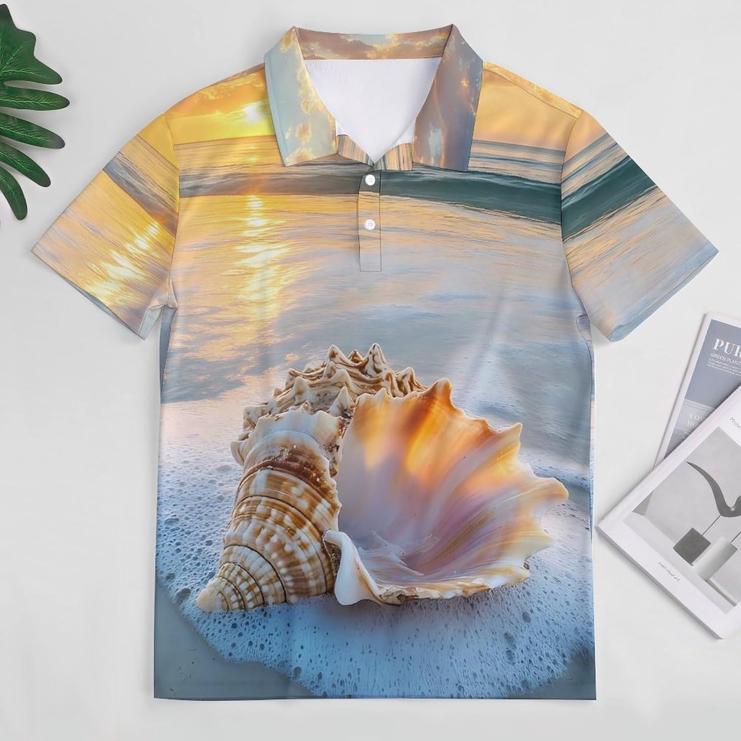 Large Conch Beach Sunset Women's Golf Polo Shirts Short Sleeve Quick Dry Tennis Tops Casual Work Blouses
