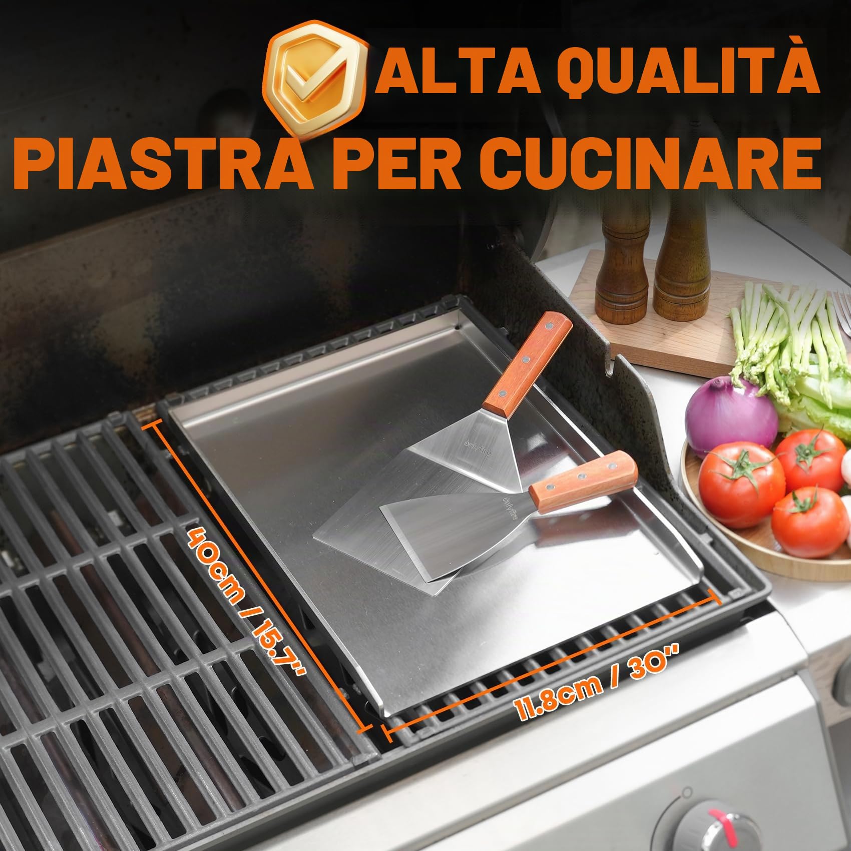 Onlyfire Piastra per Grill in Acciaio Inox con 1 Raschietto per Barbecue e 1 Spatola per Piastra per BBQ a Carbone o a Gas, Accessori per Griglie, 40×30×2.5 cm
