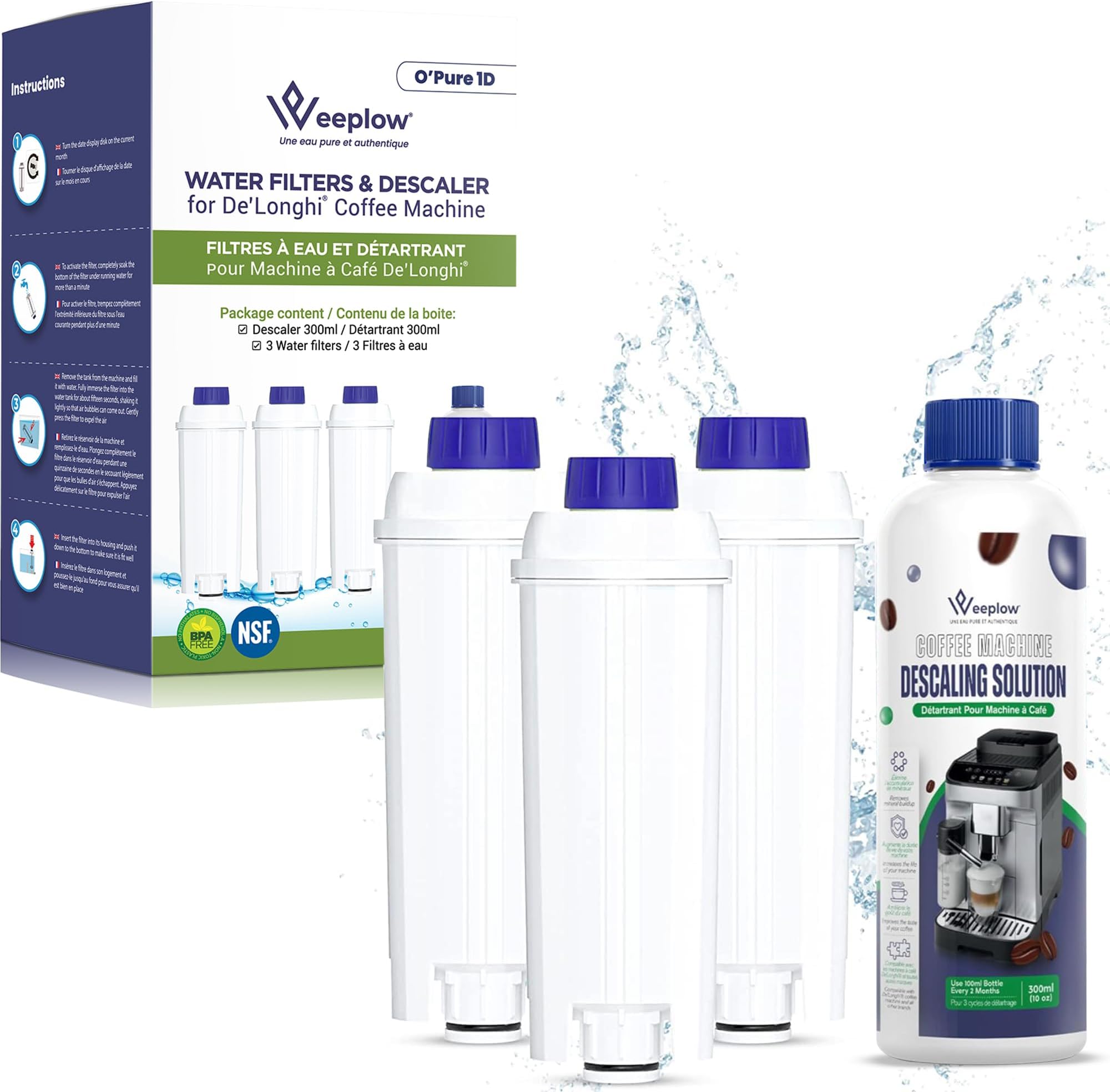 Weeplow® 3 Filtres à Eau Compatibles Delonghi DLSC002 et un Détartrant 300ML, Kit d’Entretien