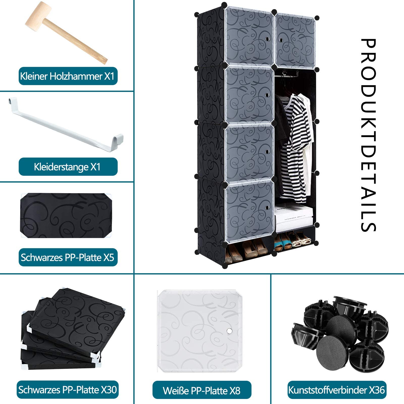 YUENFONG Sistema de estanterías para armario de 8 cubos de material PP, armario con puertas, zapatero, sistema de estantería portátil, para libros, ropa, juguetes (negro)