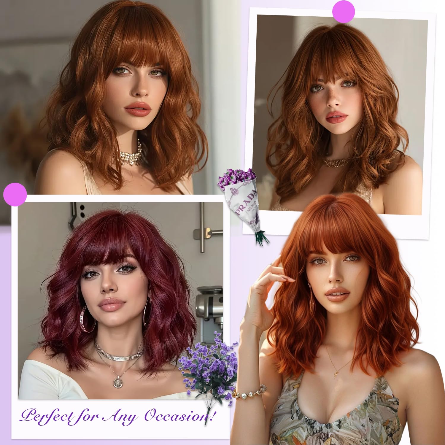 Short Wavy Wig with Bangs for Women Curly Wigs Natural Wavy Synthetic Wigs for Daily Party Cosplay(Ginger) - Image 6