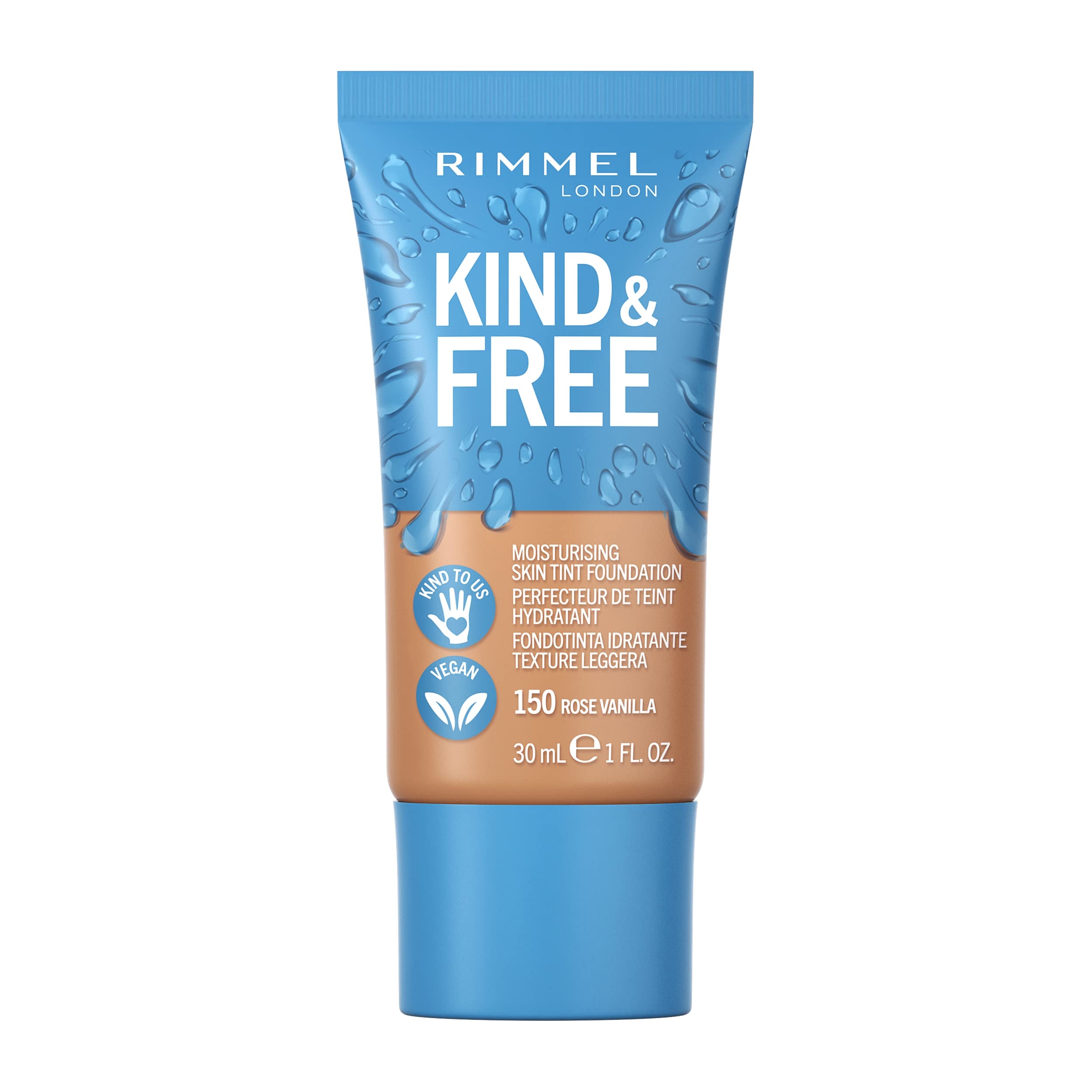 Rimmel KIND & FREE Skin Tint - Moisturizing Foundation - With Vitamins E & B5 - Cruelty-Free & Vegan - 30 ml, shade 150 Rose Vanilla