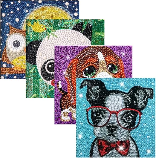 Diamond Painting Kits for Kids, 4Pcs Kids Diamond Art Animal 5D Diamond Gem Art by Number Dotz Kits Art and Crafts for Kids Ages 6-8-10-12 Girls Boys for Birthday Halloween