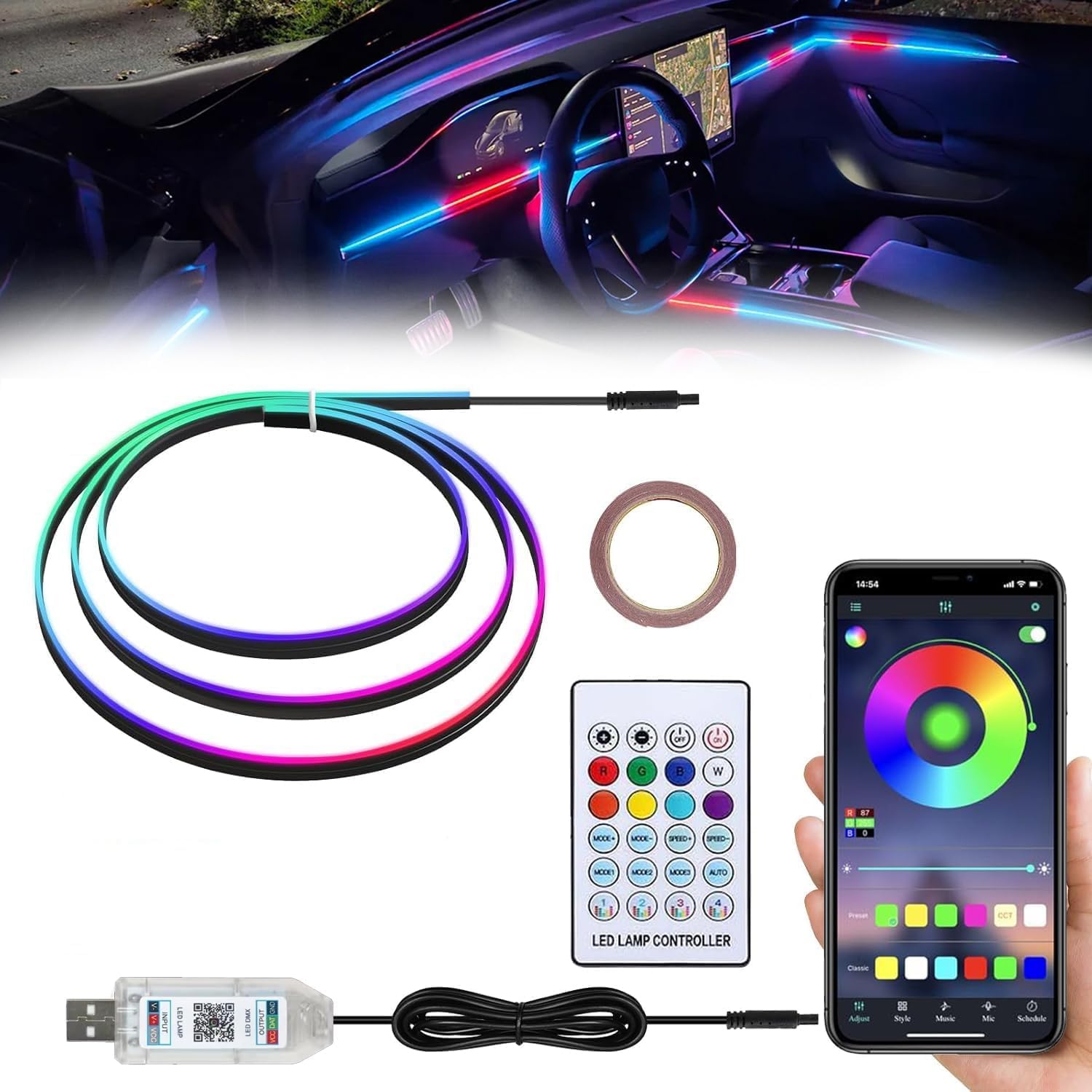 Acrylic LED Lights for Car, 43.3in RGB Interior Light Strip, 146 LEDs