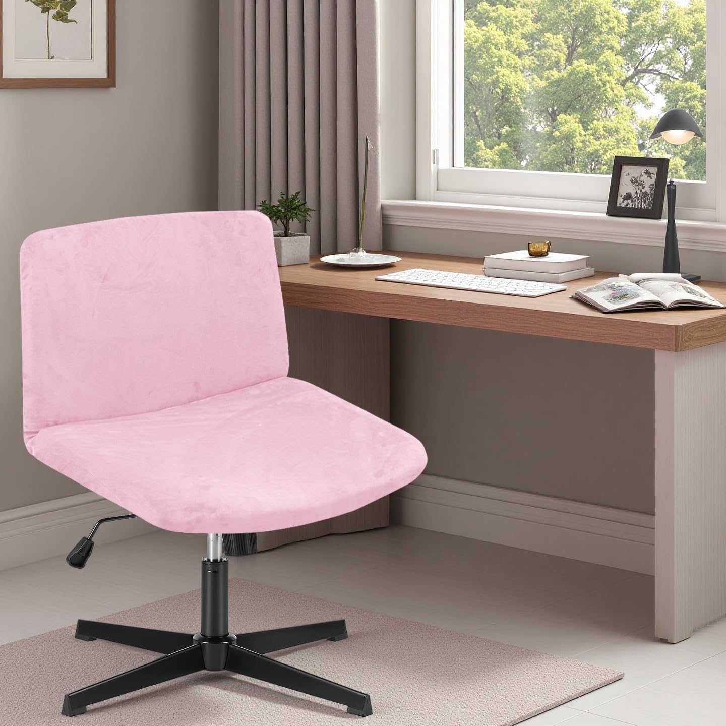 Deisy Dee Velvet Cross Legged Office Chair Covers - Upgrade Your Armless Wide Seat Computer Task Chair with Soft and Vibrant Velvet Stretch Covers - Transform Your Workspace in Minutes (Pink)
