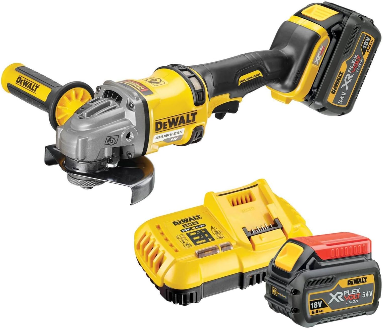 DEWALT DCG414T2-QW XR 54V Flexvolt 125 mm Cordless Angle Grinder Kit -2X6.0 Ah Batteries included
