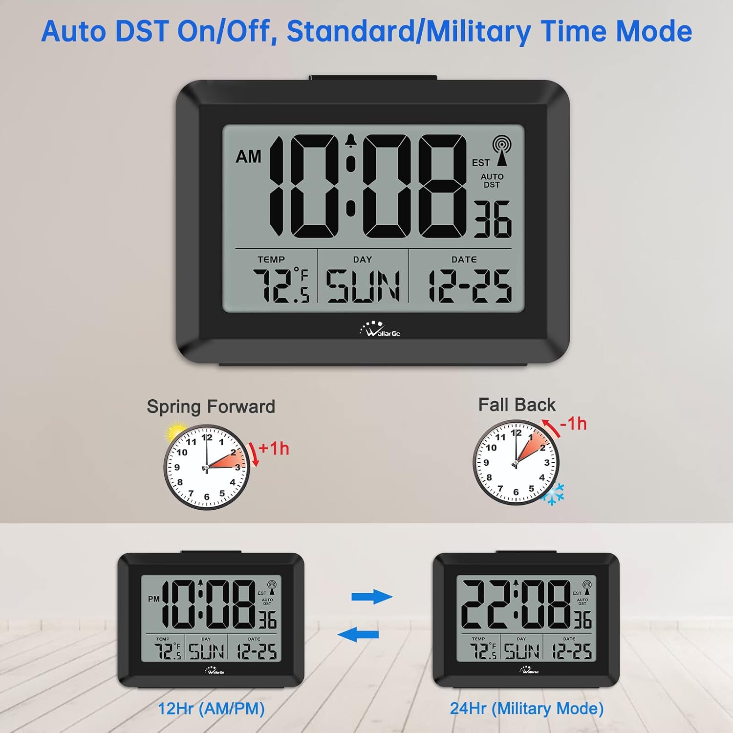 WallarGe Atomic Clock with Temperature and Date – Self Setting Digital Wall Clock Battery Operated, Auto DST, Easy to Read (No Backlight)