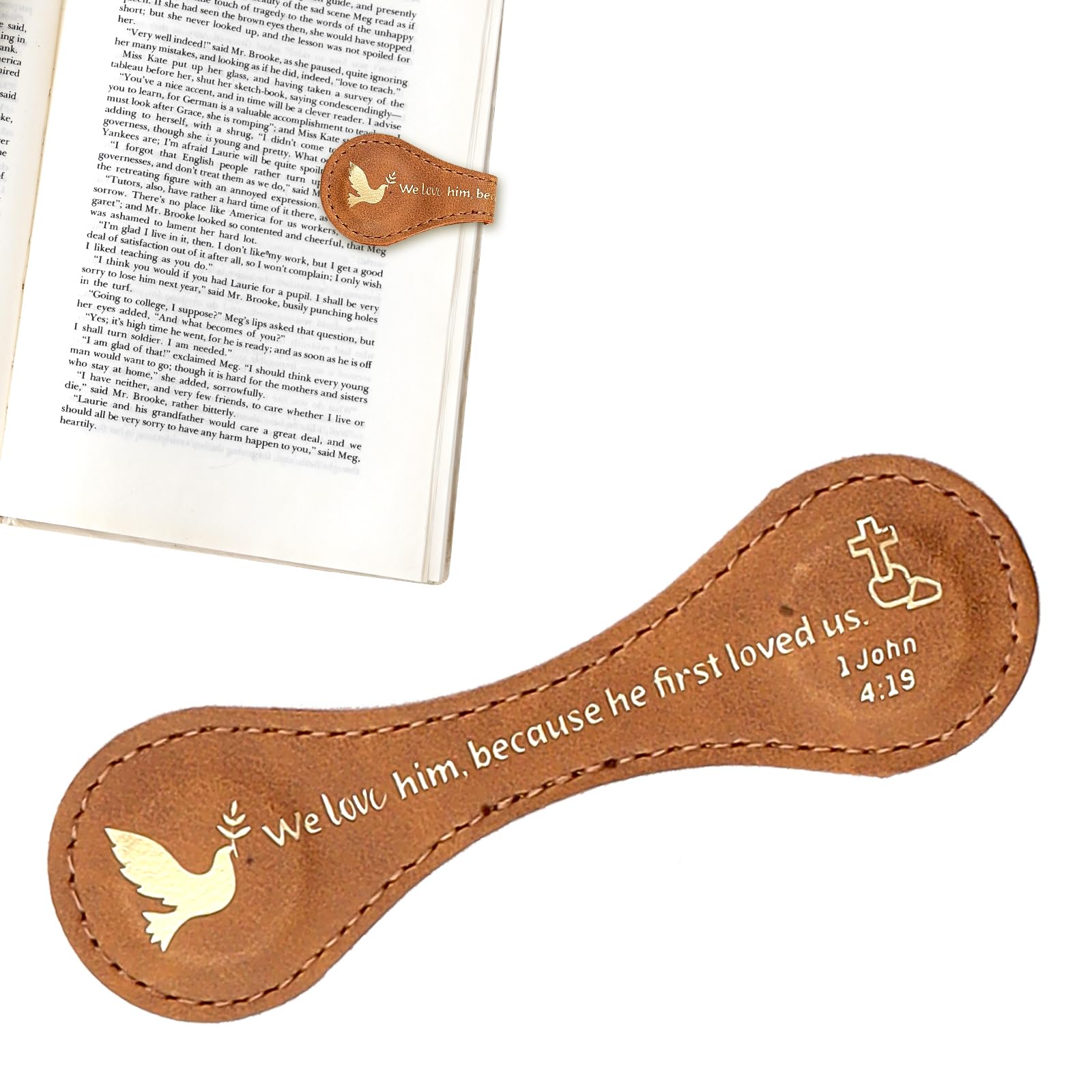 Estivaux Leather Magnetic Bookmarks for Women Men, Dove Cross Pattern Vintage Bookmark Motivational Text Book Marker Clip Light Brown Leather Bookmark