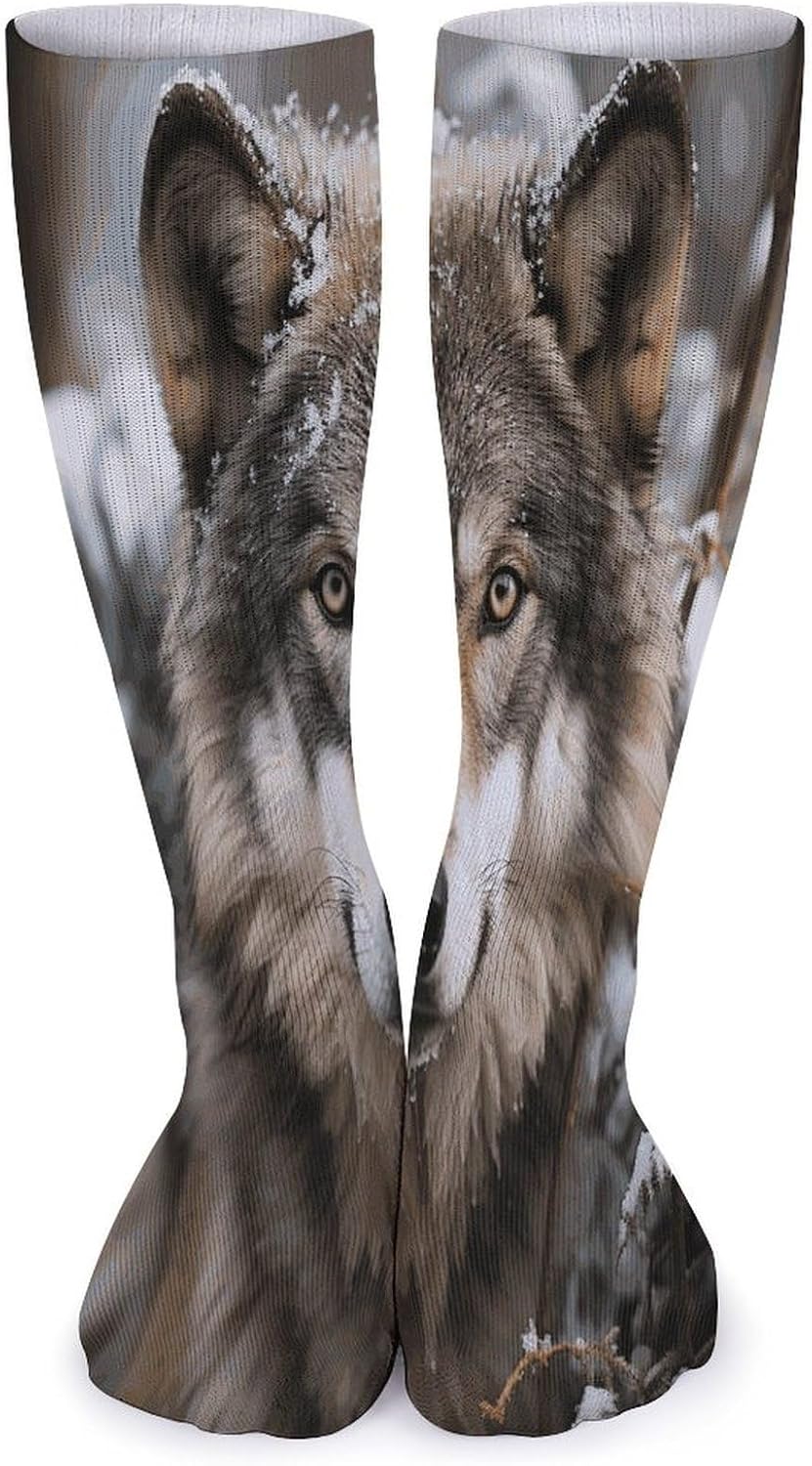 Lmage of Wolf in The Snow Crew Socks High Stocking Thermal Socks | Tube Socks-Breathable-Moisture-Soft-wicking for Hospital Pilates Yoga for women men Grippy for office and daily walking