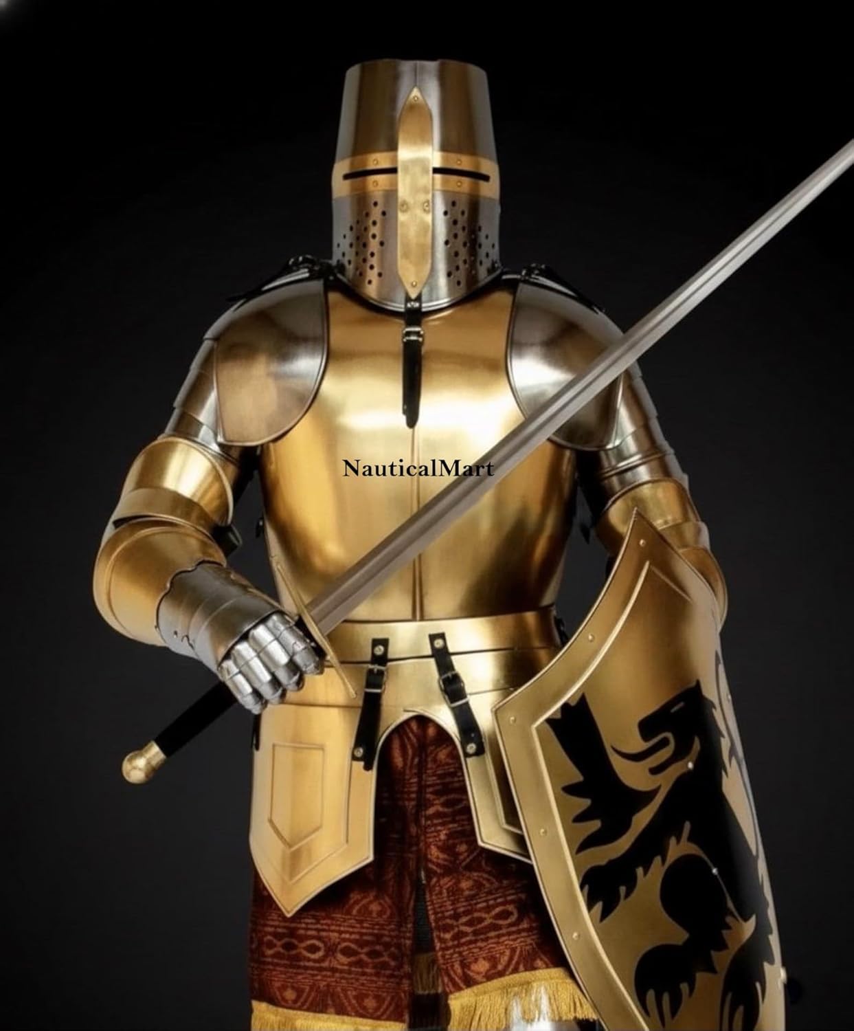 NauticalMart Medieval Knight Full Body Armor Suit – Wearable 18-Gauge Steel Templar Crusader Combat Armour Medieval Combat Full Body Armour Suit Halloween Brass Finish