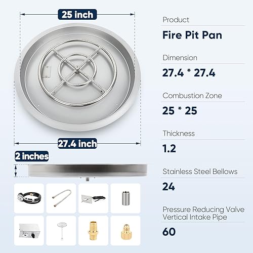 Miniatura 2 de Sartén para hoguera de acero inoxidable de 25 pulgadas, bandeja para hoguera con anillo de quemador y kit de encendido por chispa, para chimenea