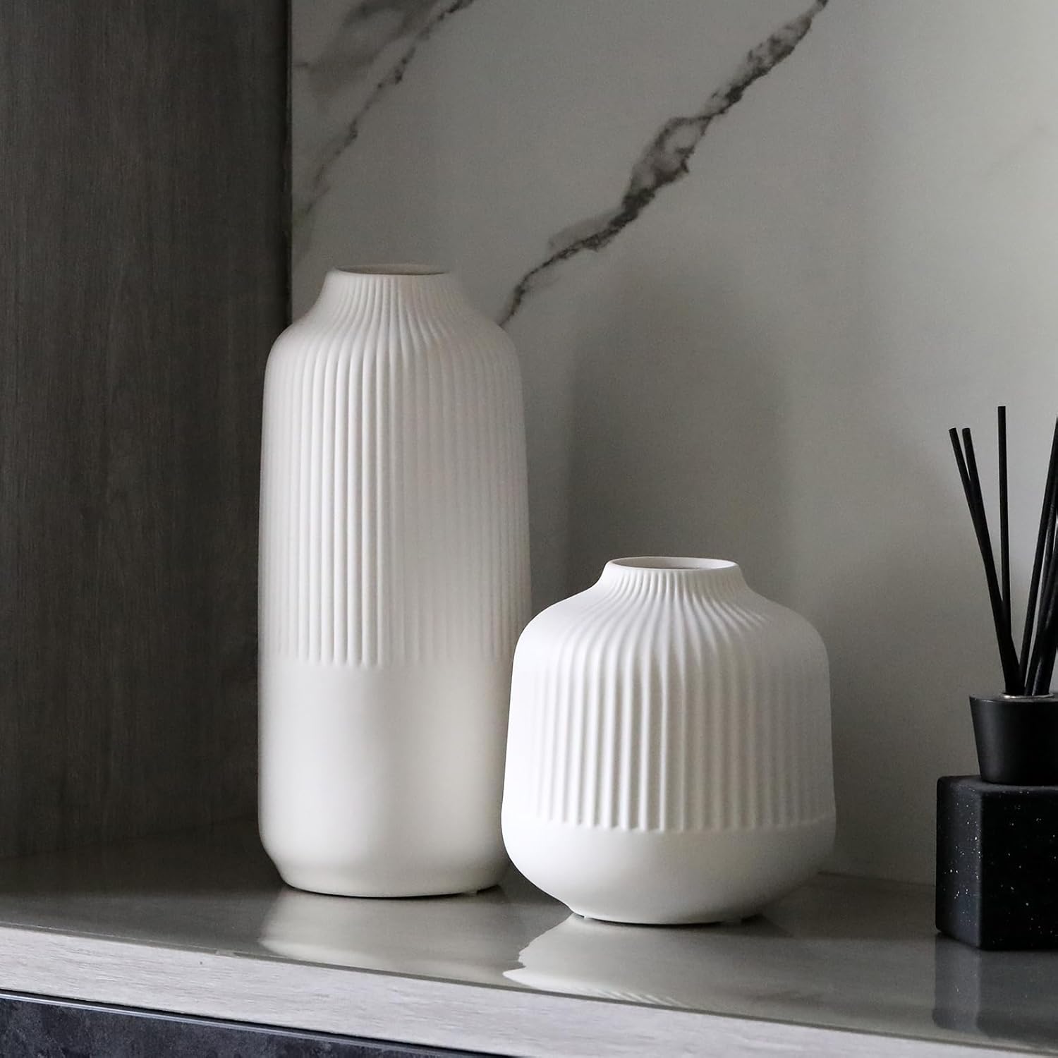 ceramic vase set of 2 for pampas grass, modern textured ribbed design waterproof matte white vase for fresh flower,stripe porcelain vase for home decor (9.84inch white, renran set of 2) white renran set of 2