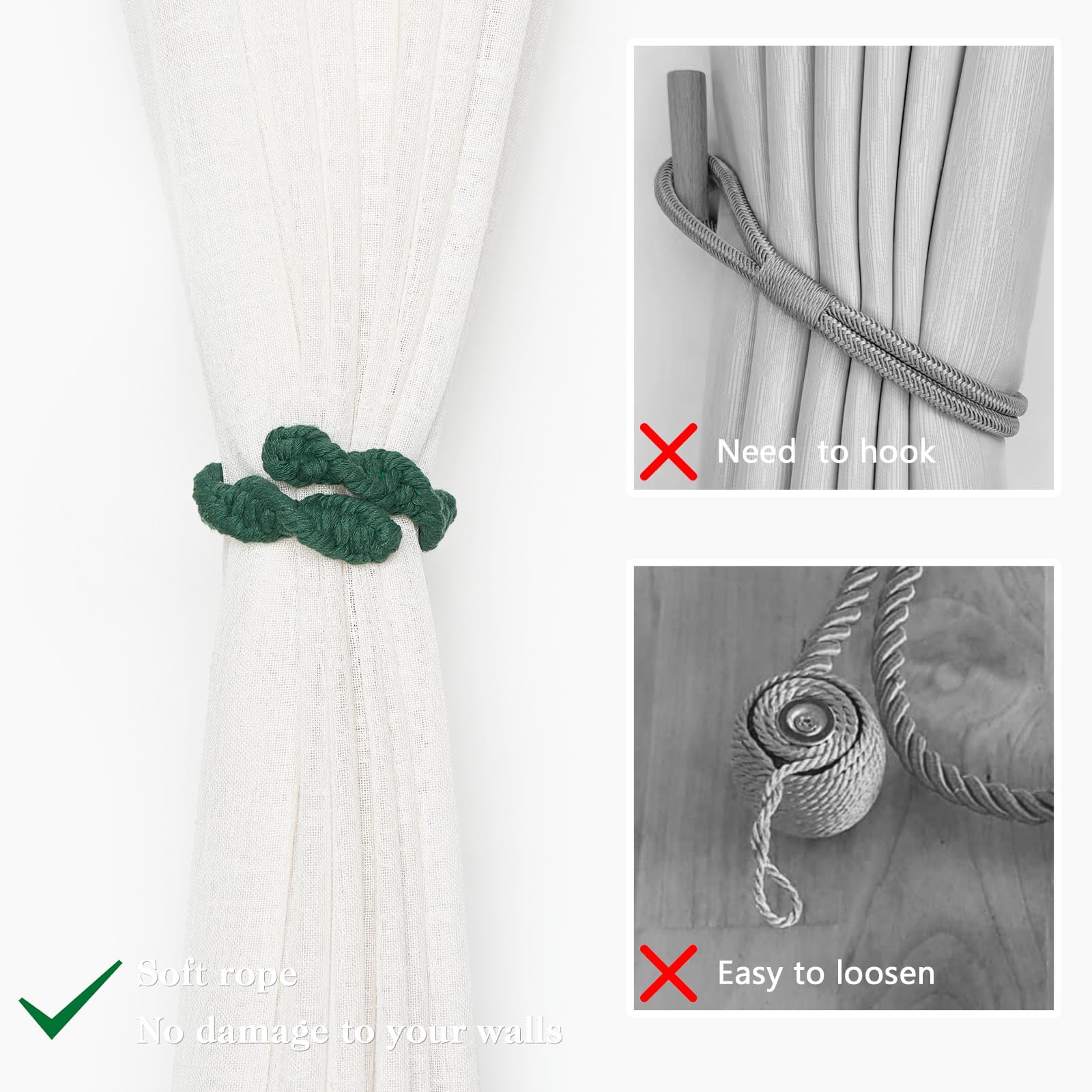 Pretty Jolly 2 Pack Natural Cotton Rope Curtain Tiebacks Farmhouse Rustic Style Decorative Drape Tie Backs Spiral Braided Curtain Holdbacks for Home & Office Sheer/Light Weight Drapery (C-Dark Green) - Image 2