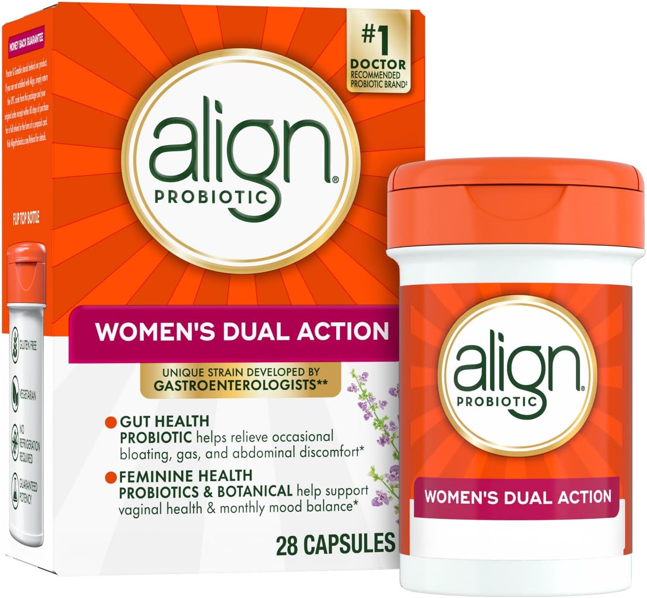 Align Women’s Dual Action Probiotic, Probiotics Help Soothe Occasional Abdominal Discomfort, Gas, Bloating, and Balance Feminine Health, Chaste Tree Botanical Helps Stabilize Monthly Mood, 28 Capsules