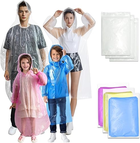 Paquete familiar de ponchos, paquete de 8 ponchos de lluvia para adultos y niños, desechables o reutilizables, ponchos de lluvia de emergencia