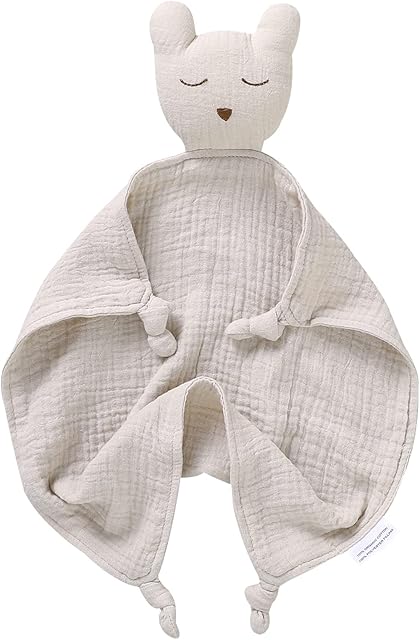 Baby Lovey Organic Cotton Babies Comforter Muslin Security Blanket Soft Cuddly Lovies Bear for Newborn Boy Girls Khaki