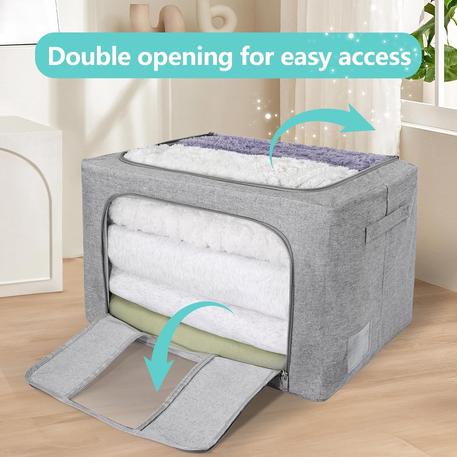 3 Pack Clothes Storage Bins, Foldable Metal Frame Storage Box with Lids,Stackable Linen Fabric Organizer Set with Carrying Handles,Zippers,and Clear Window (Grey, 66L)