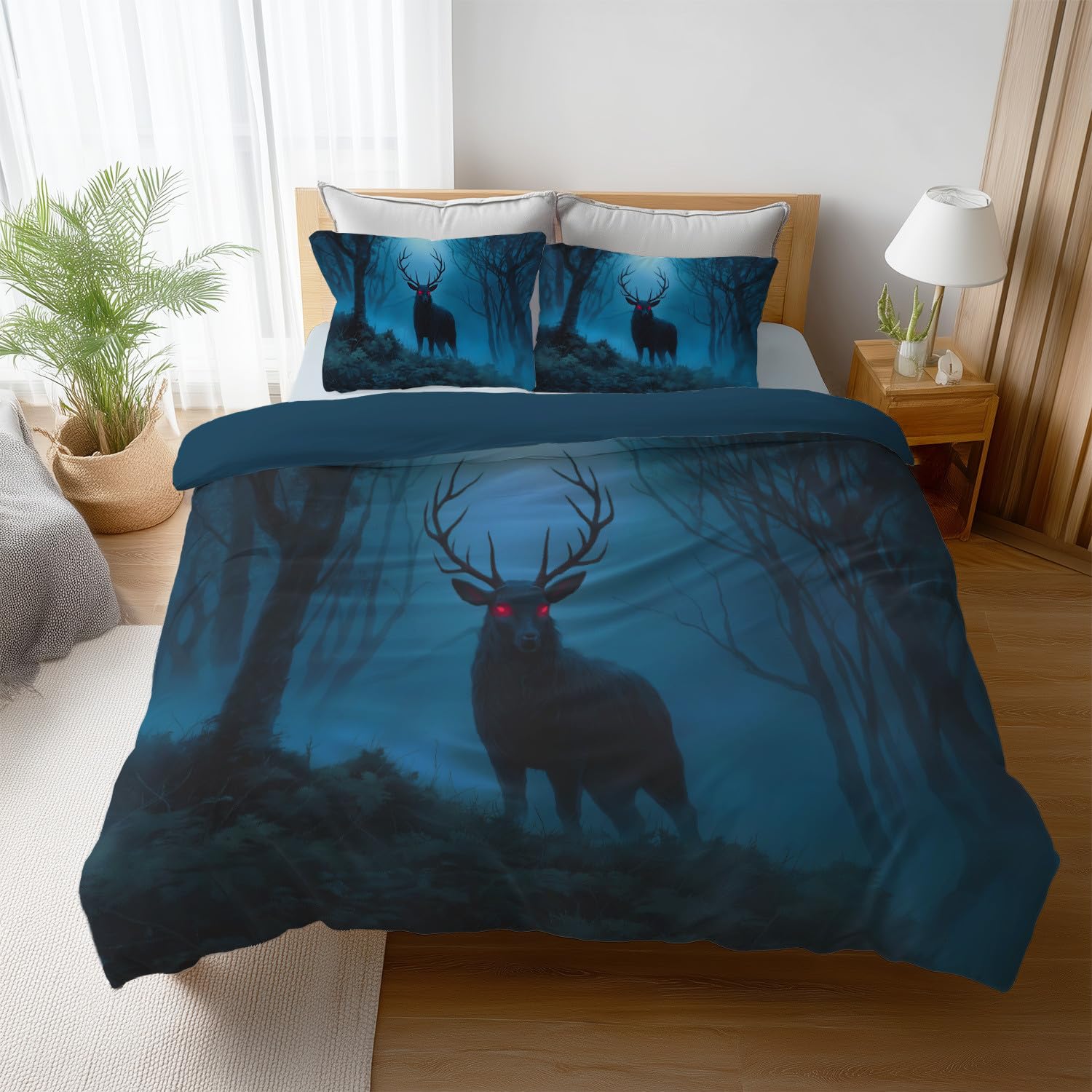 Szczotkowana poszewka na kołdrę w rozmiarze King Size 230 x 220 cm, miękka i lekka poszewka na kołdrę na zimę Wonderfsul Winter, zestaw pościeli z 4 narożnymi wiązaniami, fantasy horror, czarny jeleń