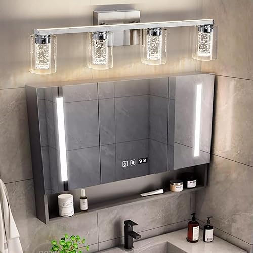 Miniatura 8 de Lámparas de baño, 4 luces de tocador de baño de níquel cepillado, luces LED regulables sobre el espejo, modernas luces de tocador de cristal para