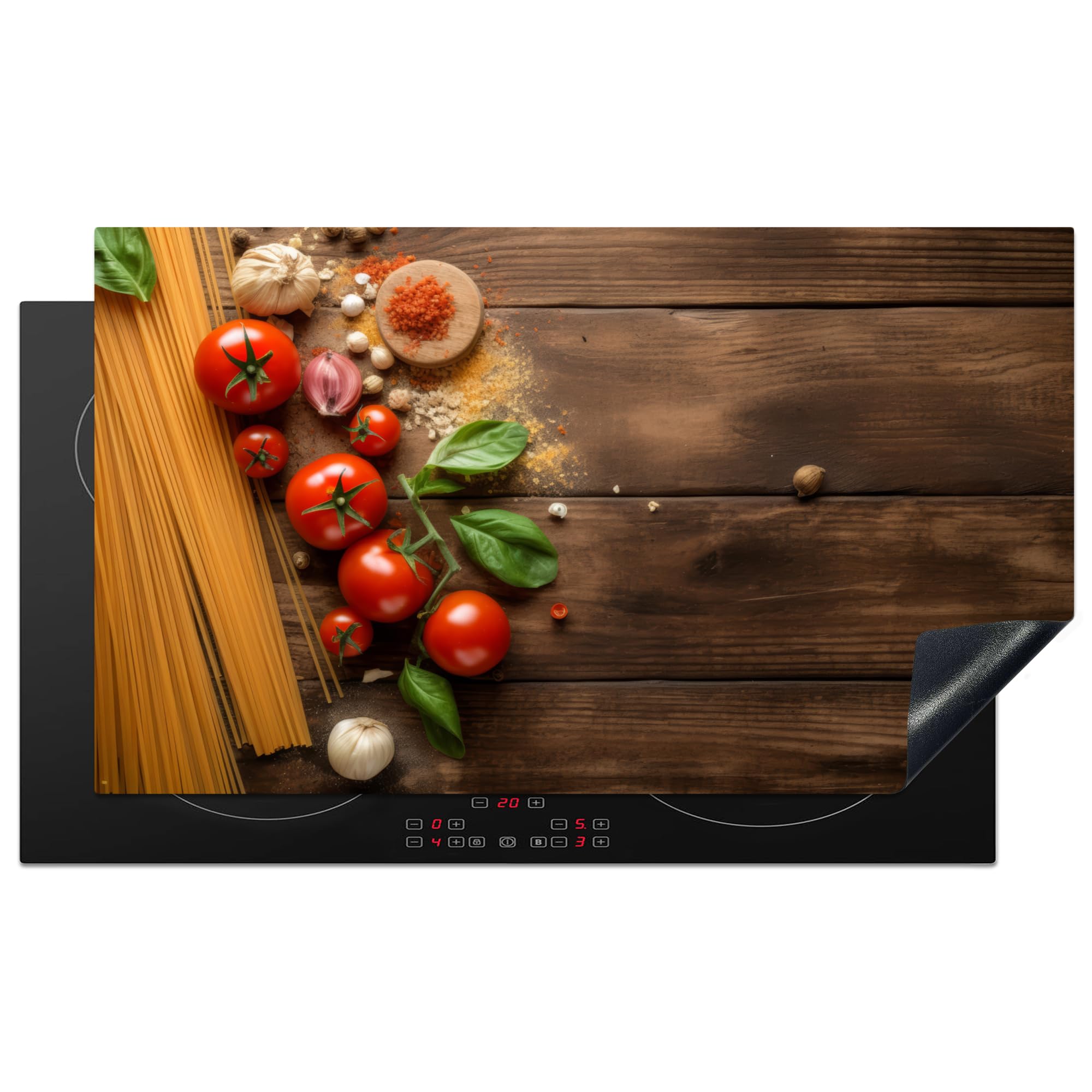 KitchenYeah© Induction Hob Cover Protector Mat 20.8"x36" / 91.6x52.7 cm Kitchen Universal Ceramic Covers for Electric Cookers Vinyl Spaghetti - Tomatoes - Spices - Wood Print - Pasta
