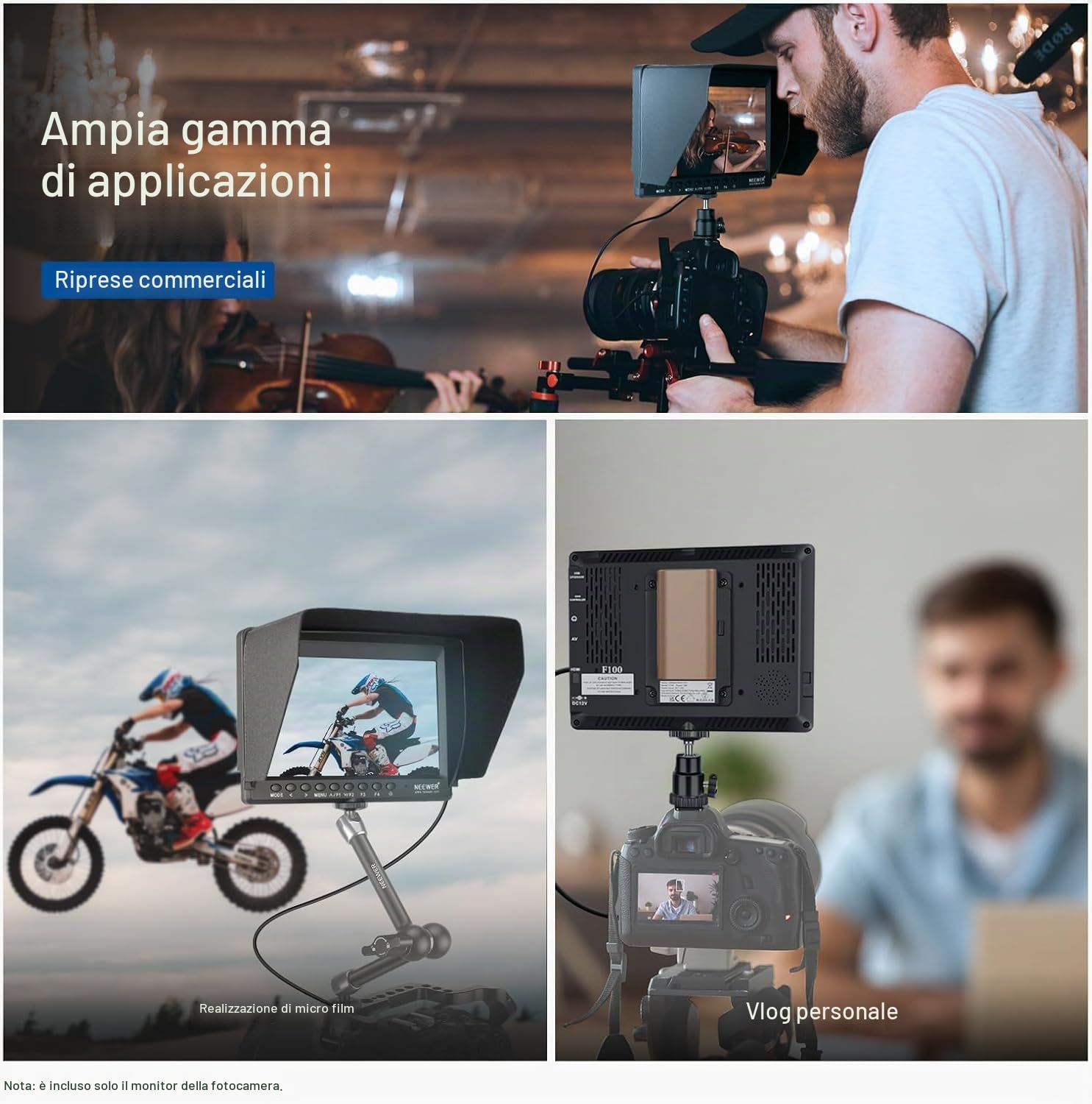 NEEWER F100 7" Monitor da Campo per Fotocamera HD Video Assist IPS 1280x800 HDMI 1080p con Batteria F750 4400mAh, Parasole e Testa Sfera 360° per DSLR Camera, Stabilizzatore Portatile, Rig Video Film
