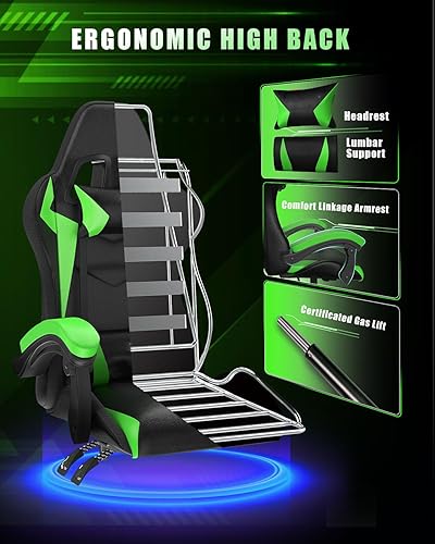 Miniatura 6 de Silla de Gaming con Luces LED RGB, Silla Ergonómica para Computadora con Reposacabezas y Soporte Lumbar, Cuero PU Respaldo Alto Altura Ajustable