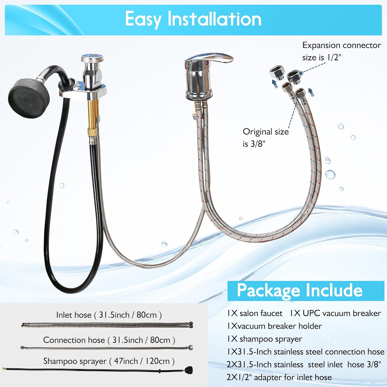 LukLoy All-in-One Salon Shampoo Bowl Faucet Vacuum Breaker Kit, Complete Set Salon Sink Parts for Salon Shampoo Bowl and Bed, 1/4" Nut Beauty Salon hose and sprayer for Barber Shop Spa Center