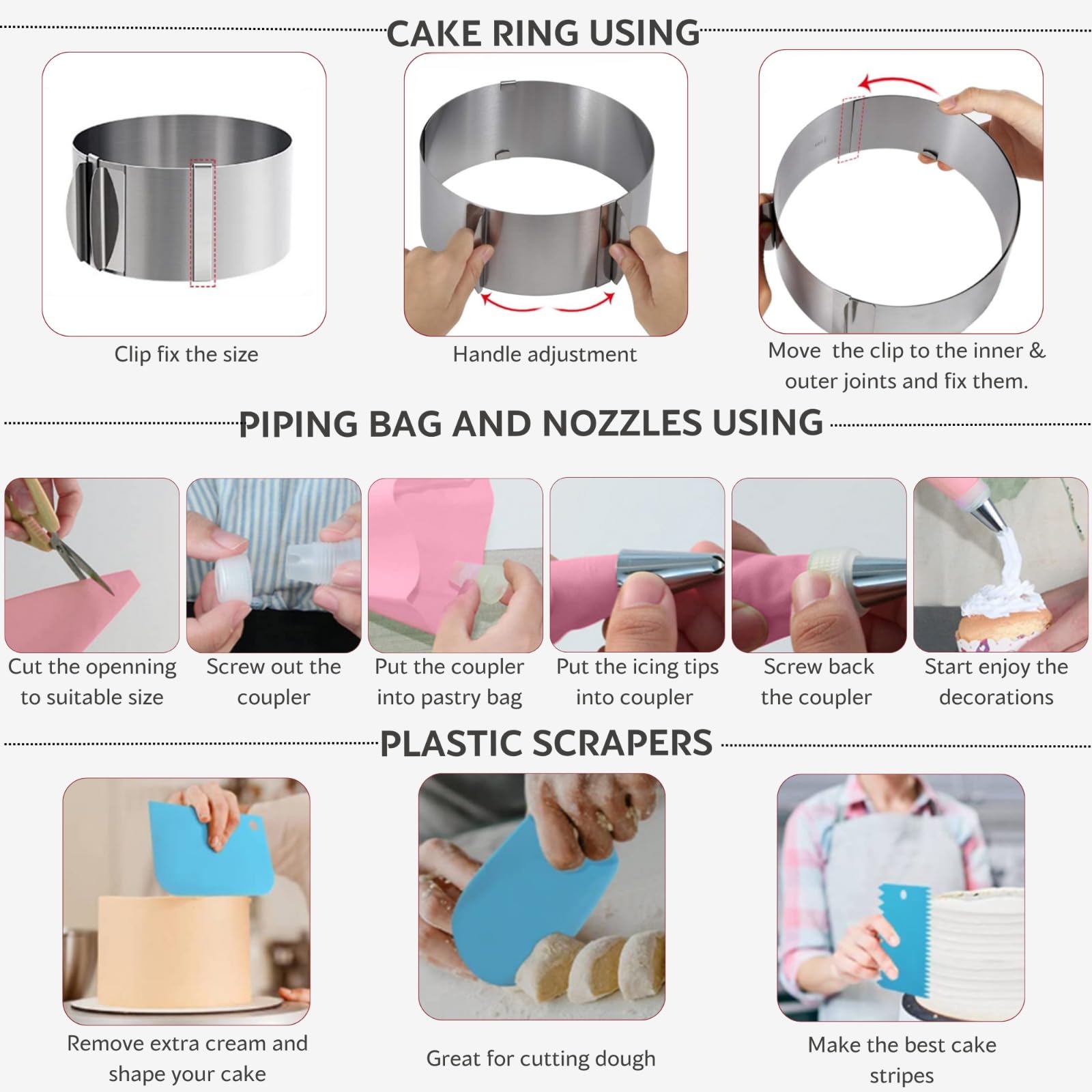 HANFCO® 15cm Adjustable Cake Ring 16-30cm, 11pcs Cake Decorating Kit, Cake Ring Adjustable Round Mould, Cooking Rings Cutter - Image 3