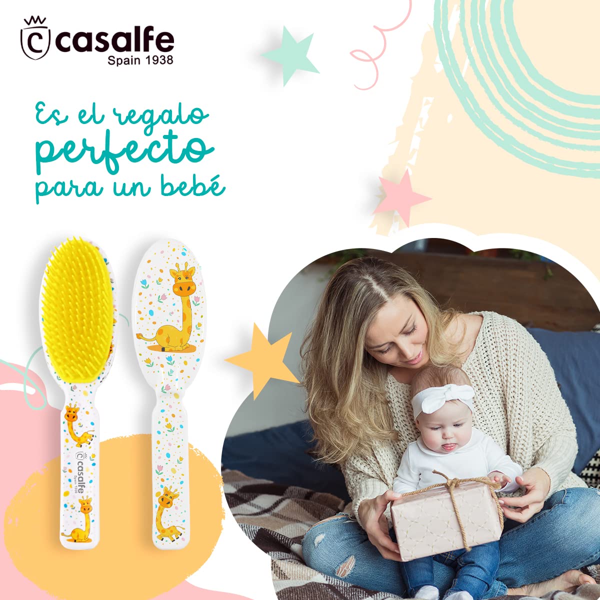 Brosse à cheveux pour bébé de 9 à 17 mois - Avec pointes souples et souples - Idéal pour nettoyer la côte lactée sans douleur ni inconfort - Sans BPA - Avec dessin de girafes - Ecofriendly - Casalfe