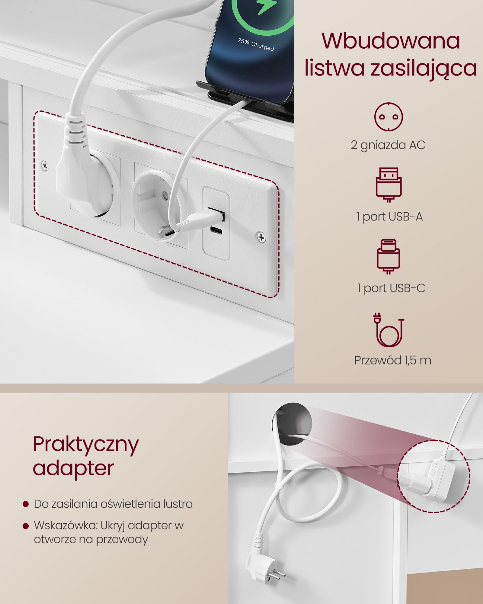 VASAGLE Kailyn Collection toaletka z lustrem LED, listwa zasilająca, 9 szuflad, lupa 10x, 3-kolorowe oświetlenie, montaż bez narzędzi, biała chmura RDT137W01
