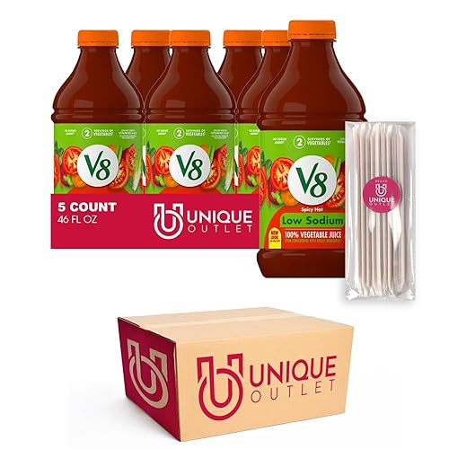 Unique Outlet Brand - Paquete de 5 botellas de plástico con bajo contenido de sodio picante y caliente, 100% jugo original, 46 onzas líquidas, 25