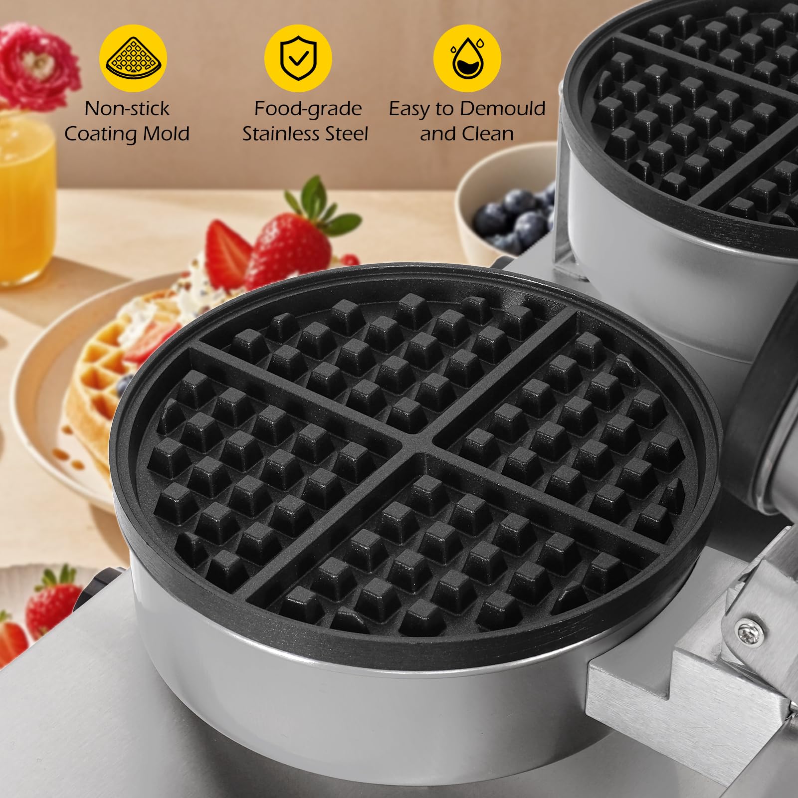 Máquina de gofres comercial de doble cabeza, 2400 W, antiadherente, máquina de gofres comercial de acero inoxidable para restaurantes, máquina de gofres grande comercial 3