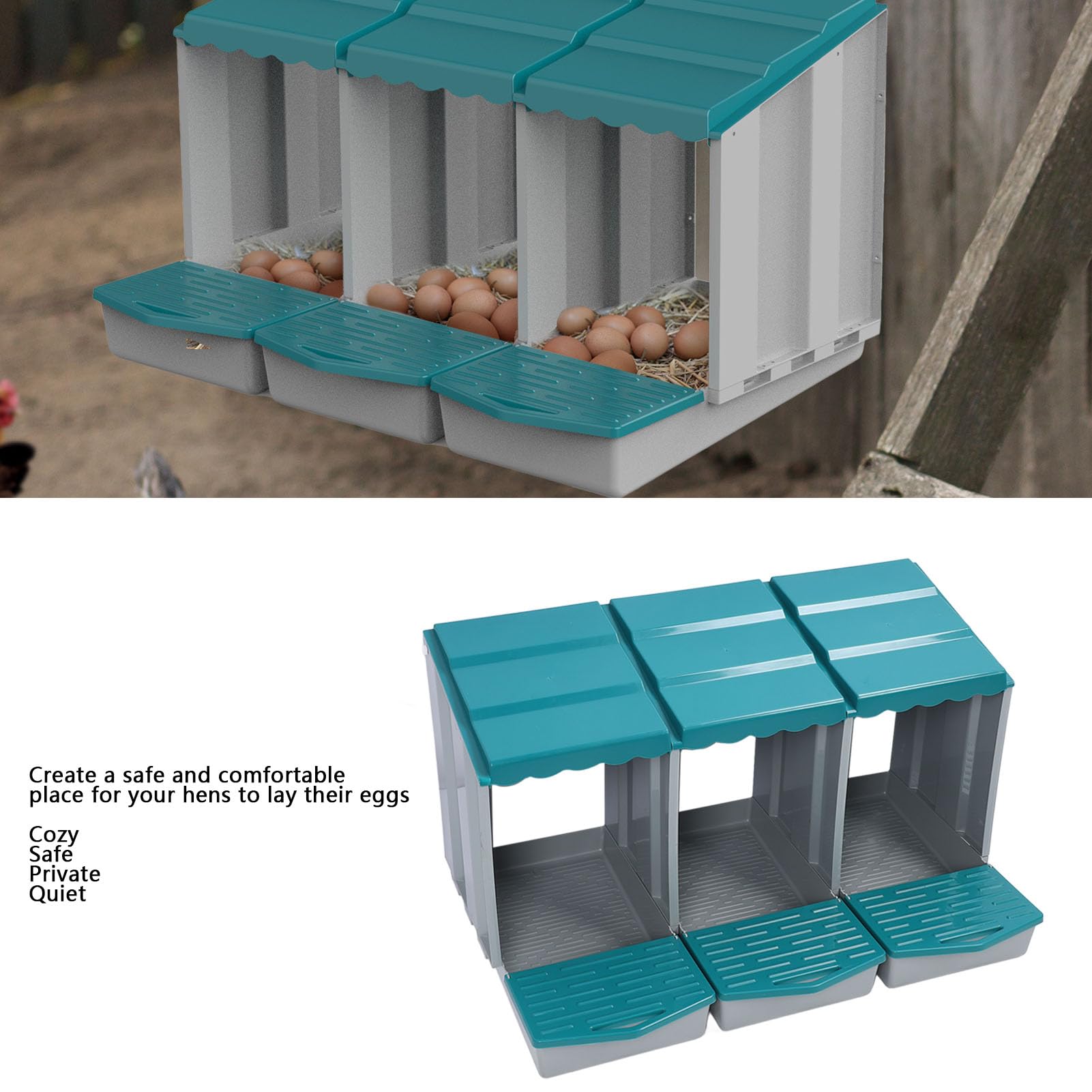 Demeras Caja Nido para Pollos, Cómoda, Espaciosa, Duradera para Gallinas, Patos, Aves de Corral, Material PP, Fácil de Limpiar (3 cavidades)
