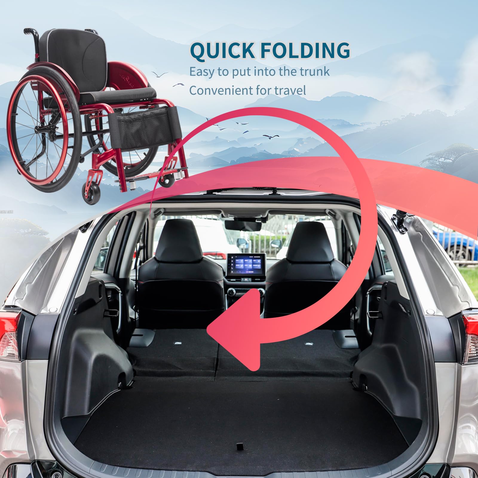 Sedia a rotelle in Lega di Alluminio per Adulti,Leggera,Sportiva,Sedia A Rotelle Pieghevole da Trasporto,Sedia A Rotelle in Alluminio,per Adolescenti,Adulti(15.7in Seat Width,Red)