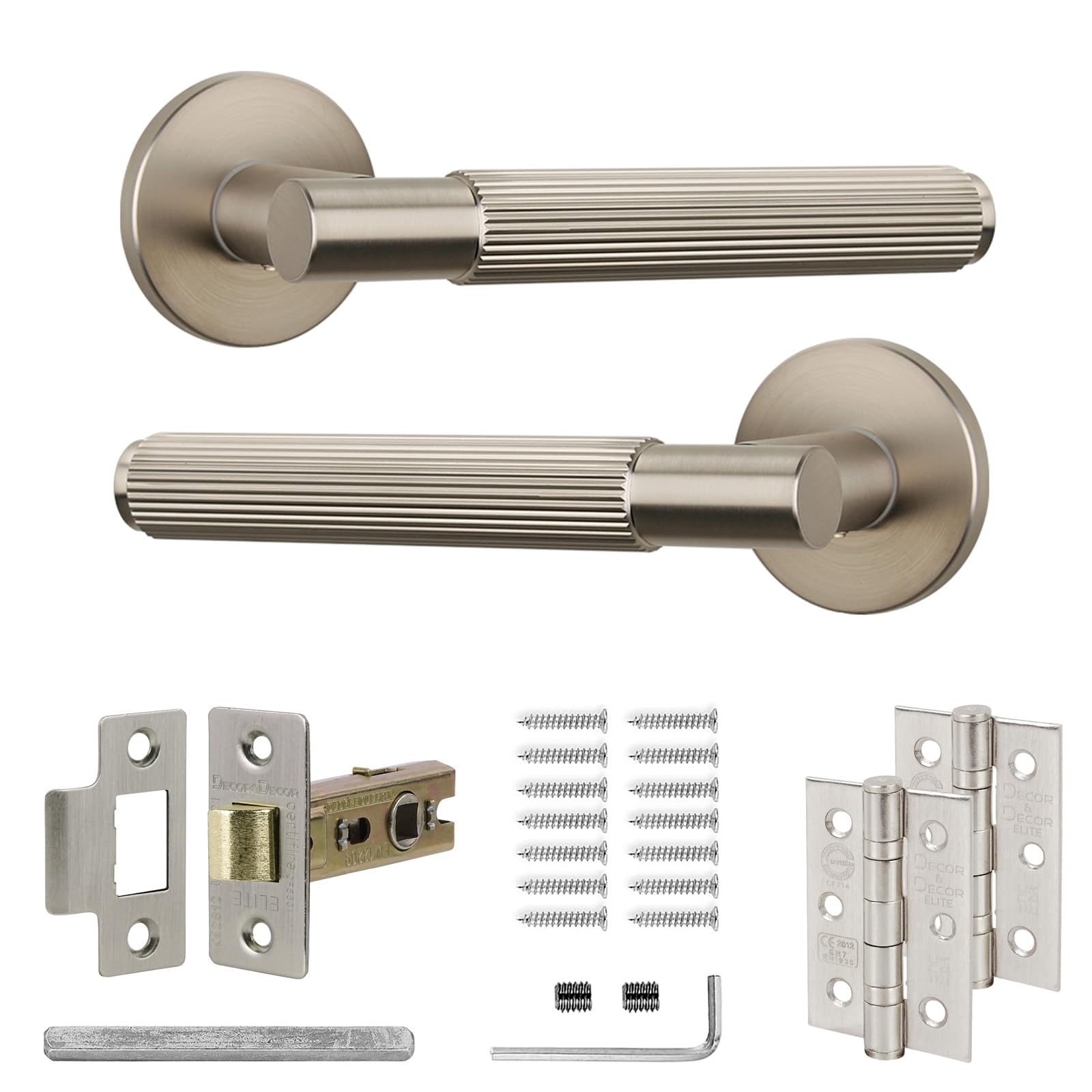 Decoranddecor Hera Silver Internal Door Handles – Aluminium Handle Sets with Fire-Rated Tubular Mortice Latch and Hinge – Sleek and Durable Design for Wooden Interior Doors