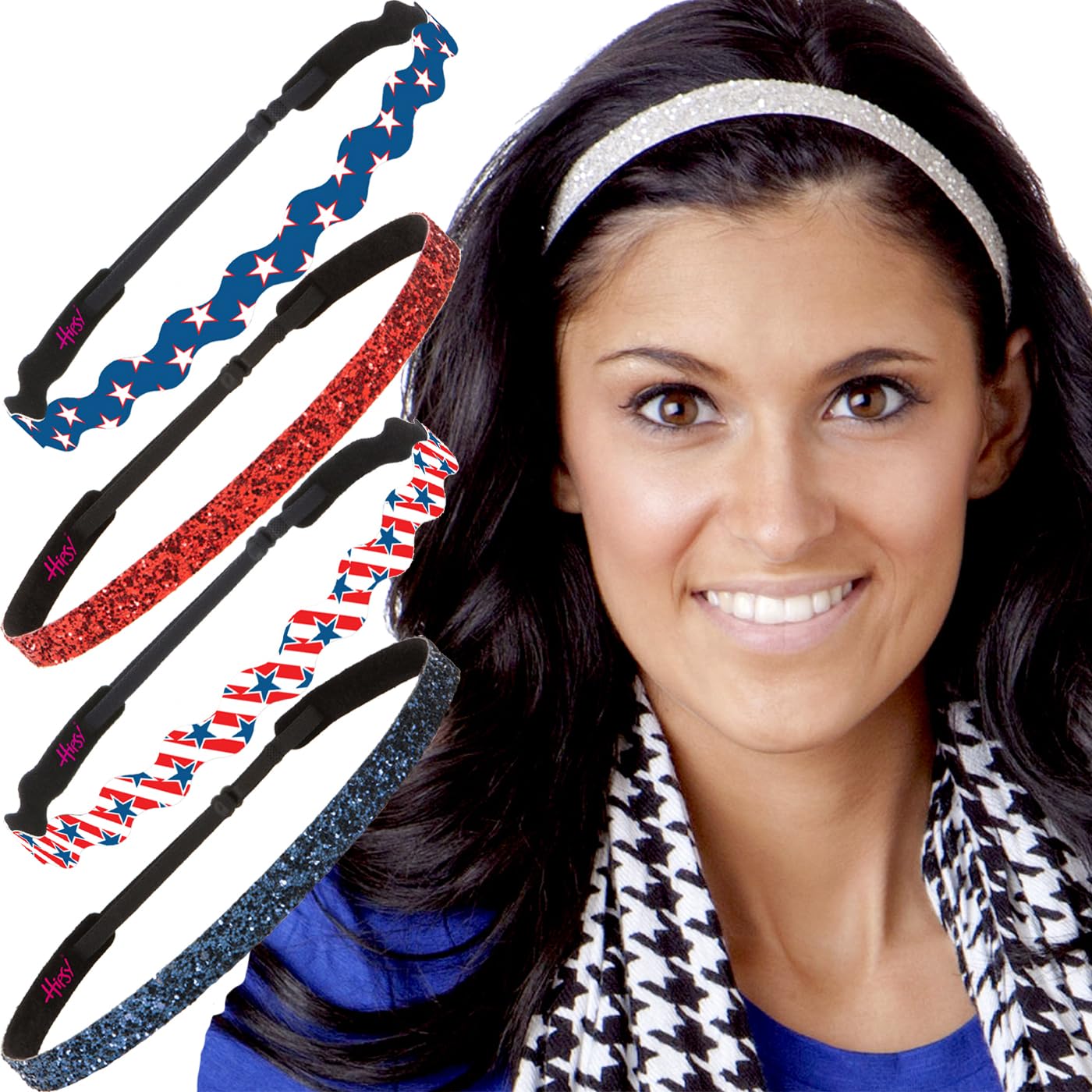 Hipsy Women's Adjustable No Slip American Flag Headbands (Stars Stripes & Glitter Skinny 5pk)