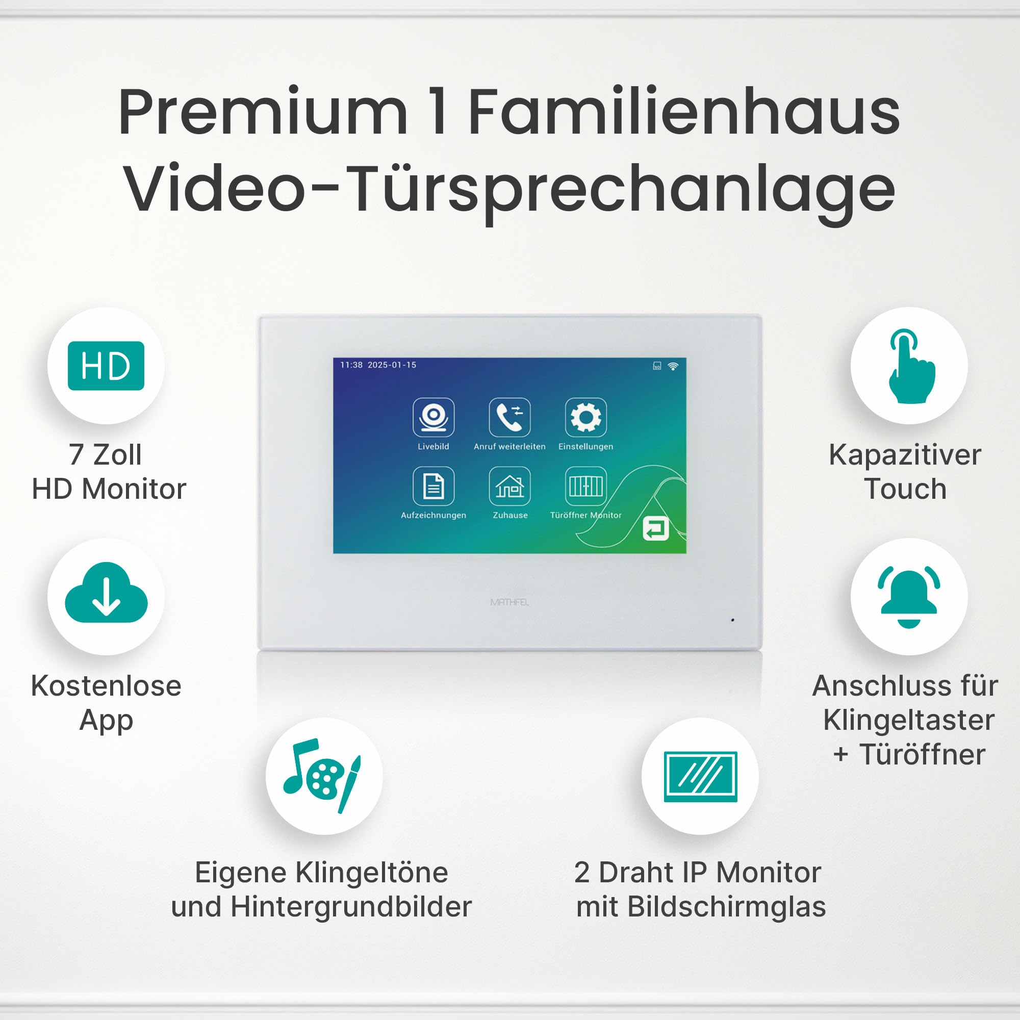 MATHFEL Video Türsprechanlage, Klingel mit Kamera und 7'' Monitor, Türklingel mit Kamera und Türöffner, Gegensprechanlage mit Türöffner - Video-Gegensprechanlage mit WLAN Full HD