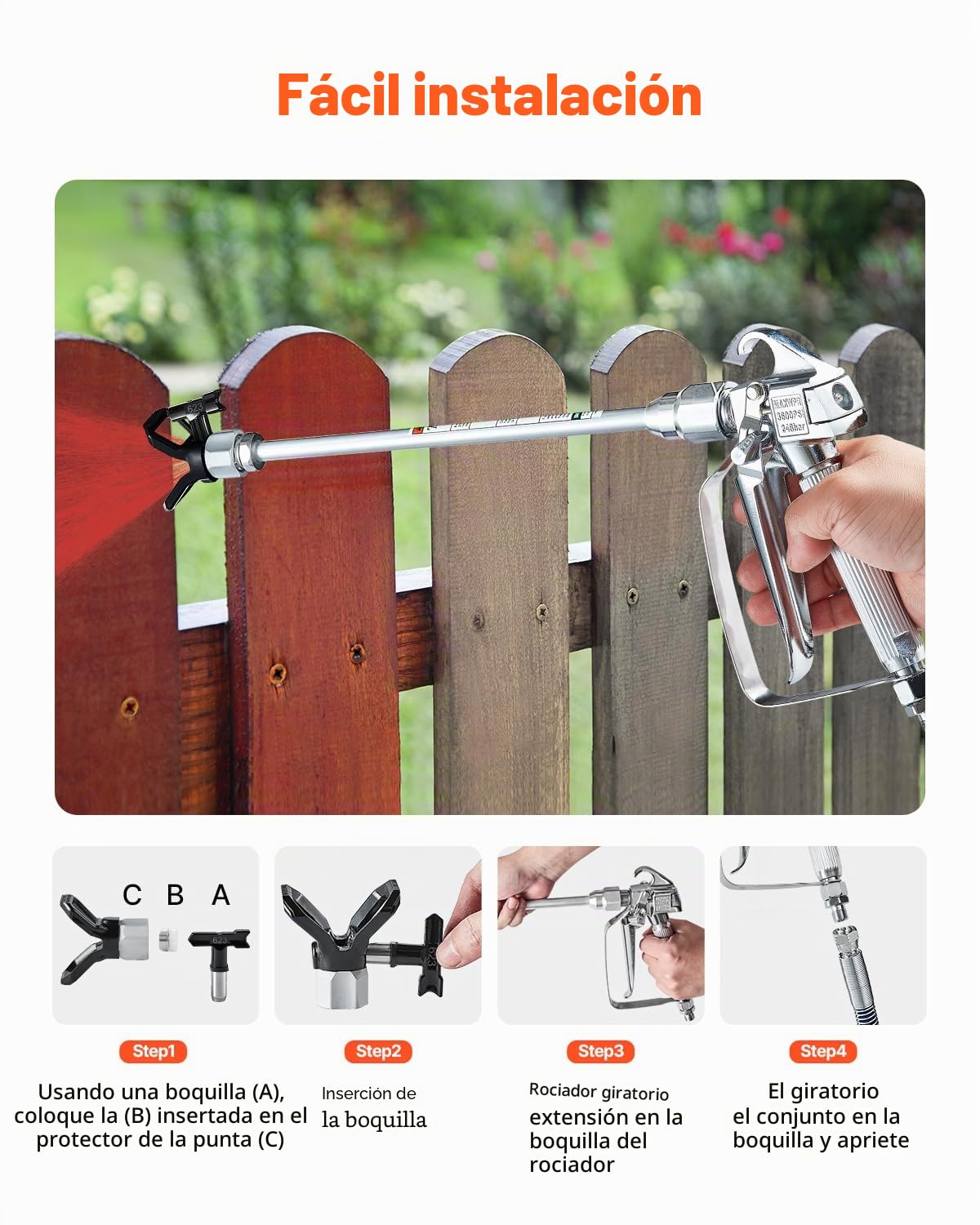 VEVOR Kit de Manguera y Pistola Pulverizadora de Pintura sin Aire de 3600 PSI con 5 Puntas, Kit de Pistola Pulverizadora Sin Aire con Junta Giratoria con Filtros, Manguera y Varillas de Extensión