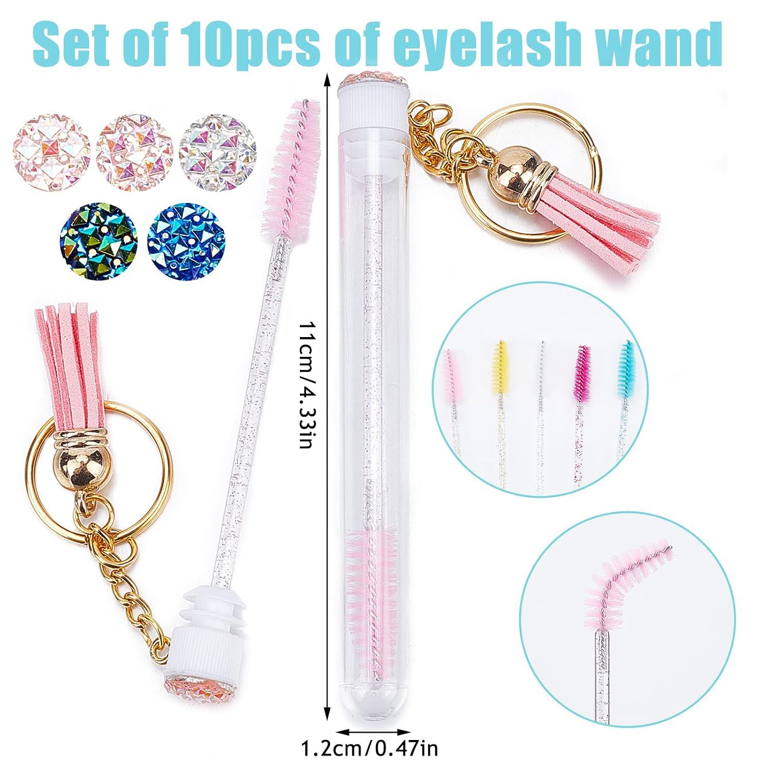 NICENEEDED 10Pcs Eyelash Brush Tube Keychain, Disposable Empty Mascara Wands Tubes Set, Replacable Crystal Eyelash Spoolies Brush Makeup Tool for Women Girls