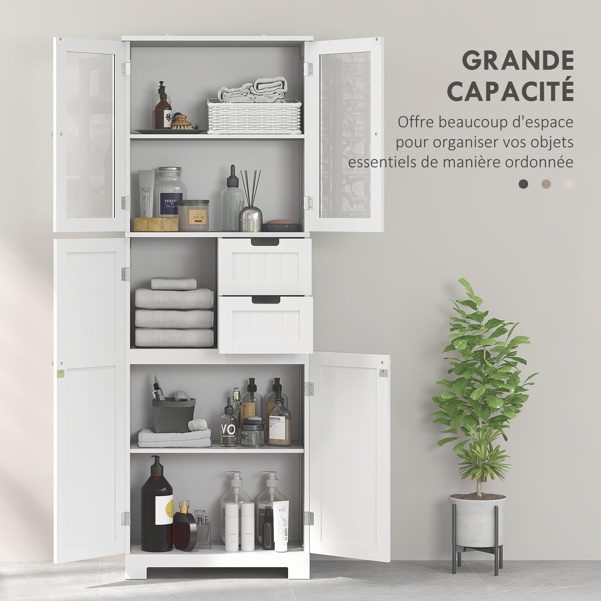 HOMCOM Meuble de Salle de Bain Haut, Meuble de Rangement, Colonne Salle de Bain avec 4 Portes Dont 2 vitrées, 2 tiroirs et étagères réglables, Style Moderne, pour Salon, Chambre, 60x30x170cm, Blanc