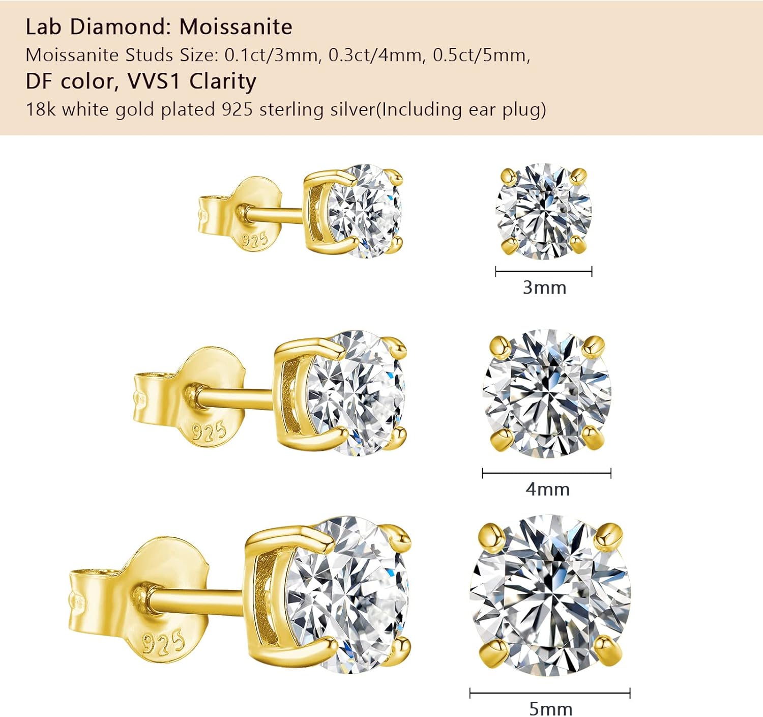 Imitation Diamond Moissanite Stud Earrings: 0.6-4ct 18K White Gold Plated 925 Sterling Silver Post Cartilage Earrings - Hypoallergenic Earrings for Women Men Sensitive Ears Piercing Studs