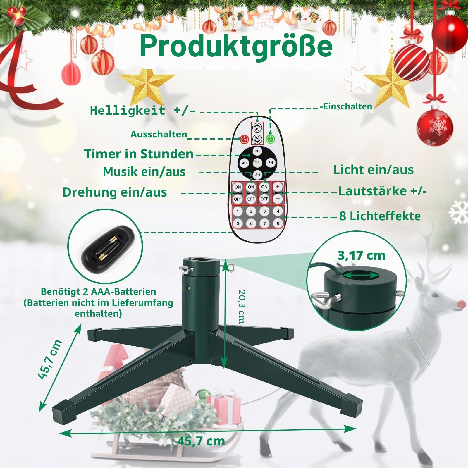 Axcoix Drehbarer Weihnachtsbaumständer, verstellbare Baumständer mit Fernbedienung, Musik, Geschwindigkeit und Licht, künstlicher Weihnachtsbaumständer für bis zu 2,4 m bis zu 45,4 kg Baum