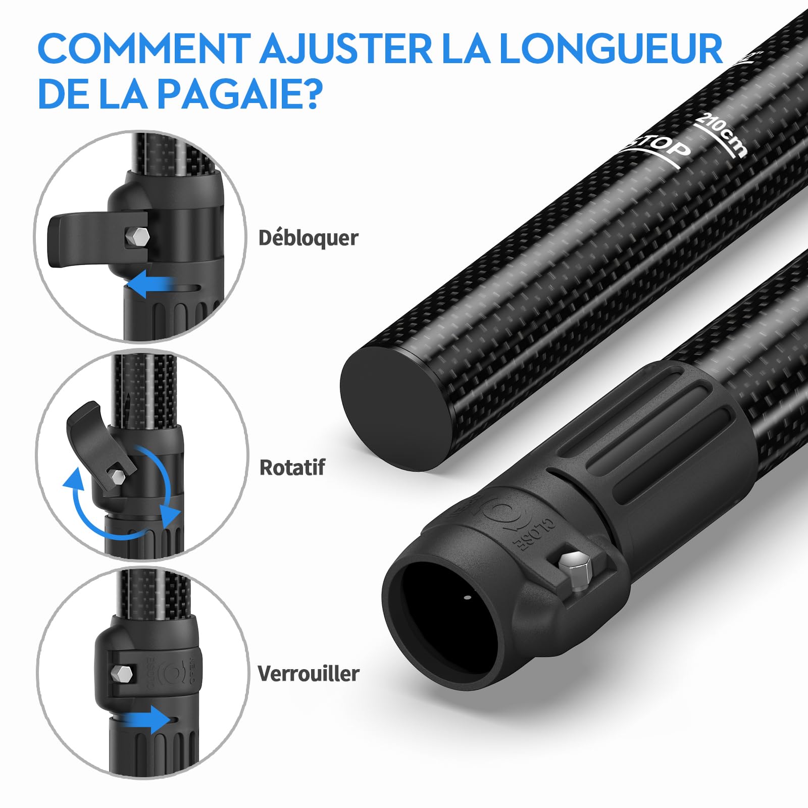 FOWAWU Semi-Carbone/Carbone Rame Pagaie, Pagaie 3 pièces pour Sup Planche à pagaie Debout - pour Planche Gonflable - Léger & Résistant (Taille 160–210 cm)