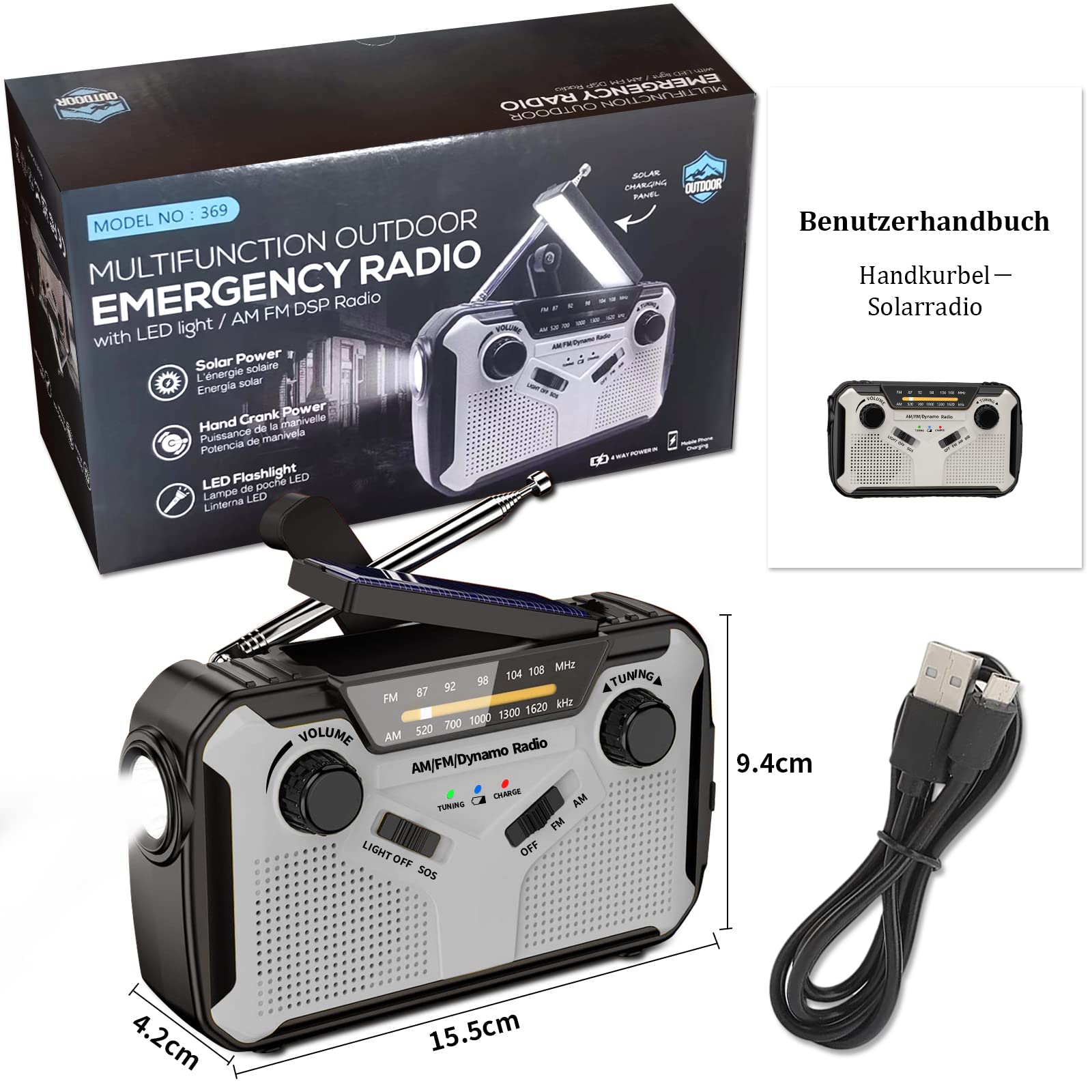 Solar Radio, AM/FM Tragbar Kurbelradio Dynamo Notfallradio mit 4000mAh Wiederaufladbare Batterie, Led Taschenlampe, SOS-Alarm für Camping, Ourdoor, Notfall (Grey)